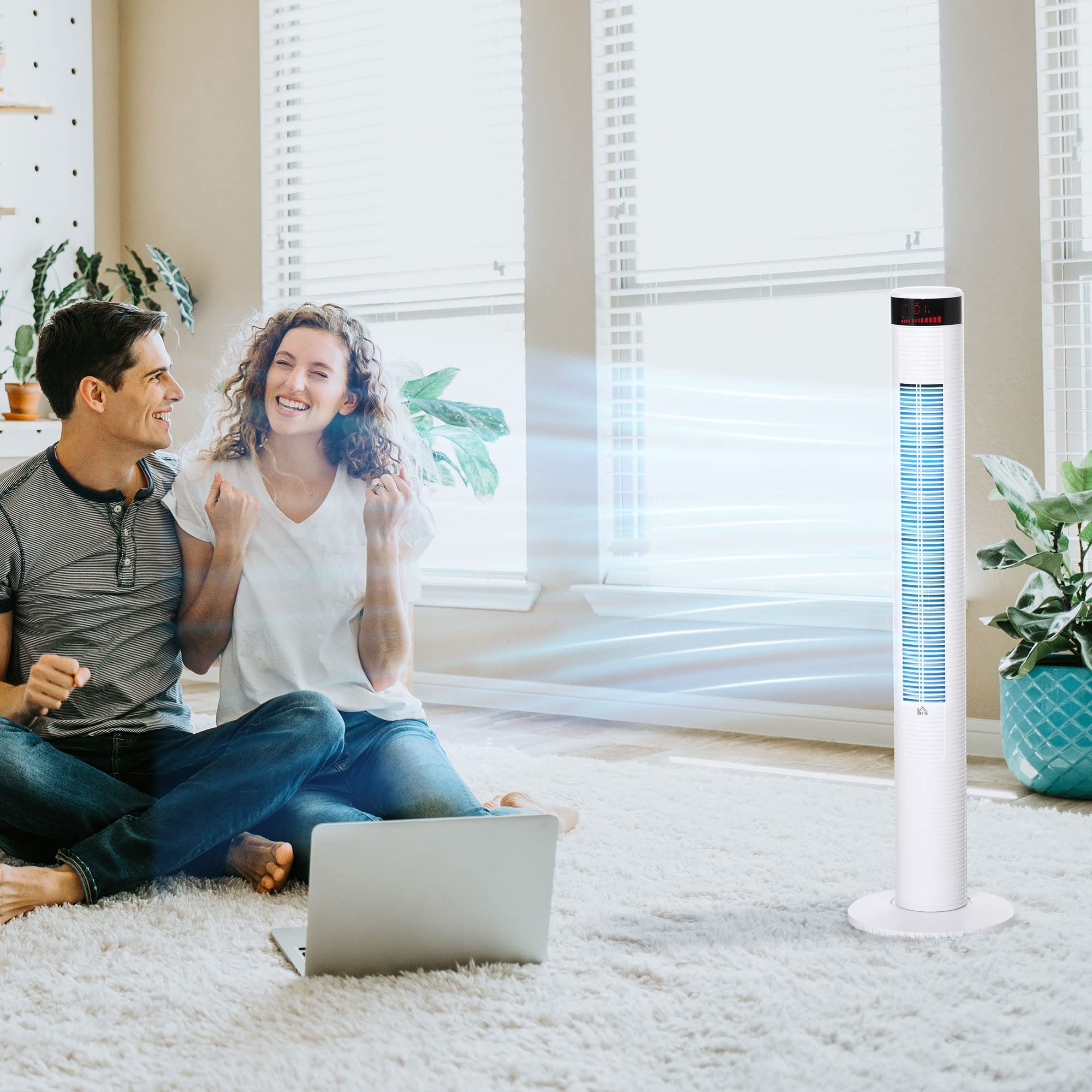 HOMCOM Ventilatore a Torre con 3 Velocità 4 Modalità, 45W, Timer 12h, Ventilatore a Colonna con Oscillazione 70°, Pannello LED e Telecomando, Bianco