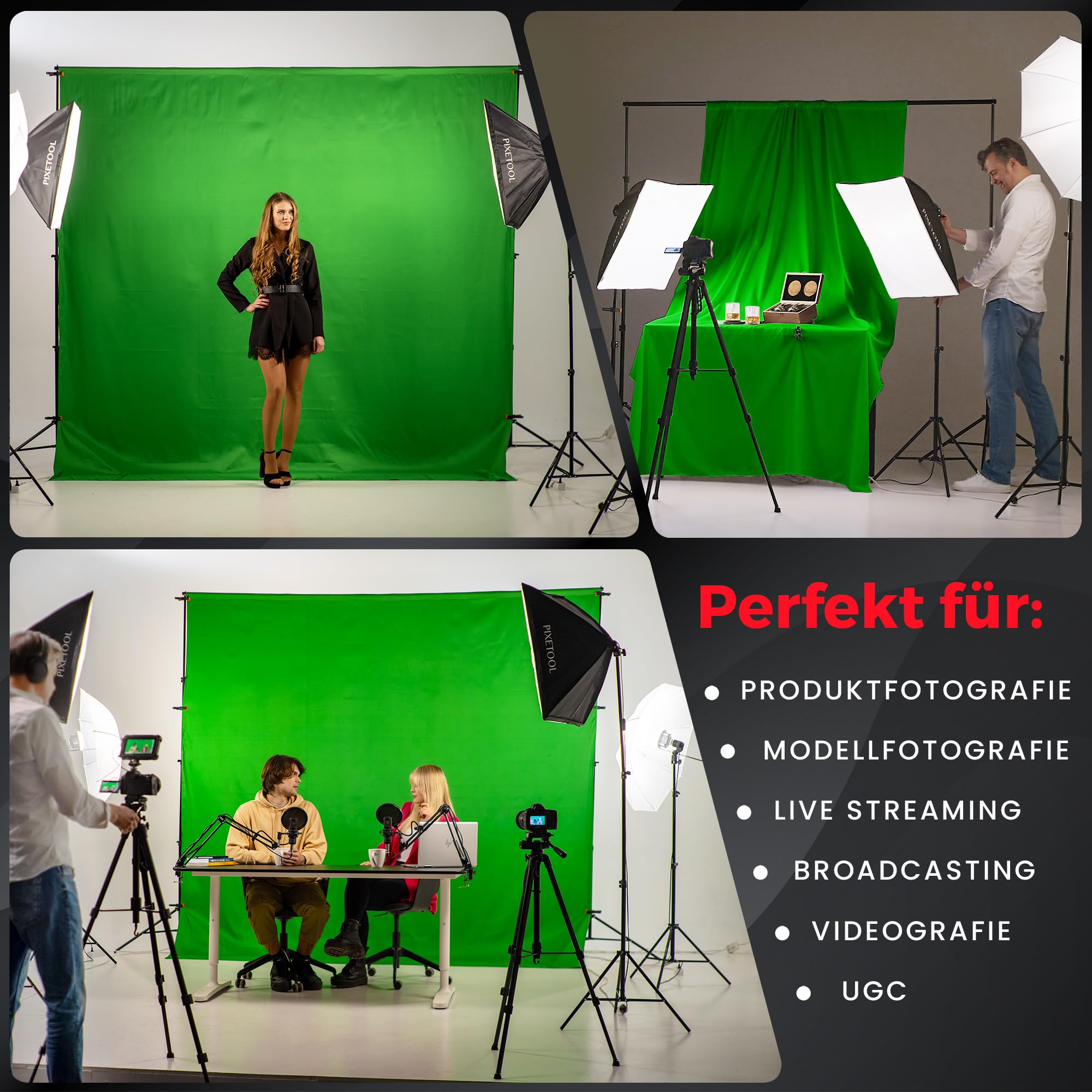 Fotostudio Set - Greenscreen (3 x 3 m) mit Ständer (3 x 2,6 m) - Softbox mit Lampen Set - Green Screen Fotohintergrund - Reflektor - Studiolicht Fotolampe - Streaming Fotografie Hintergrund