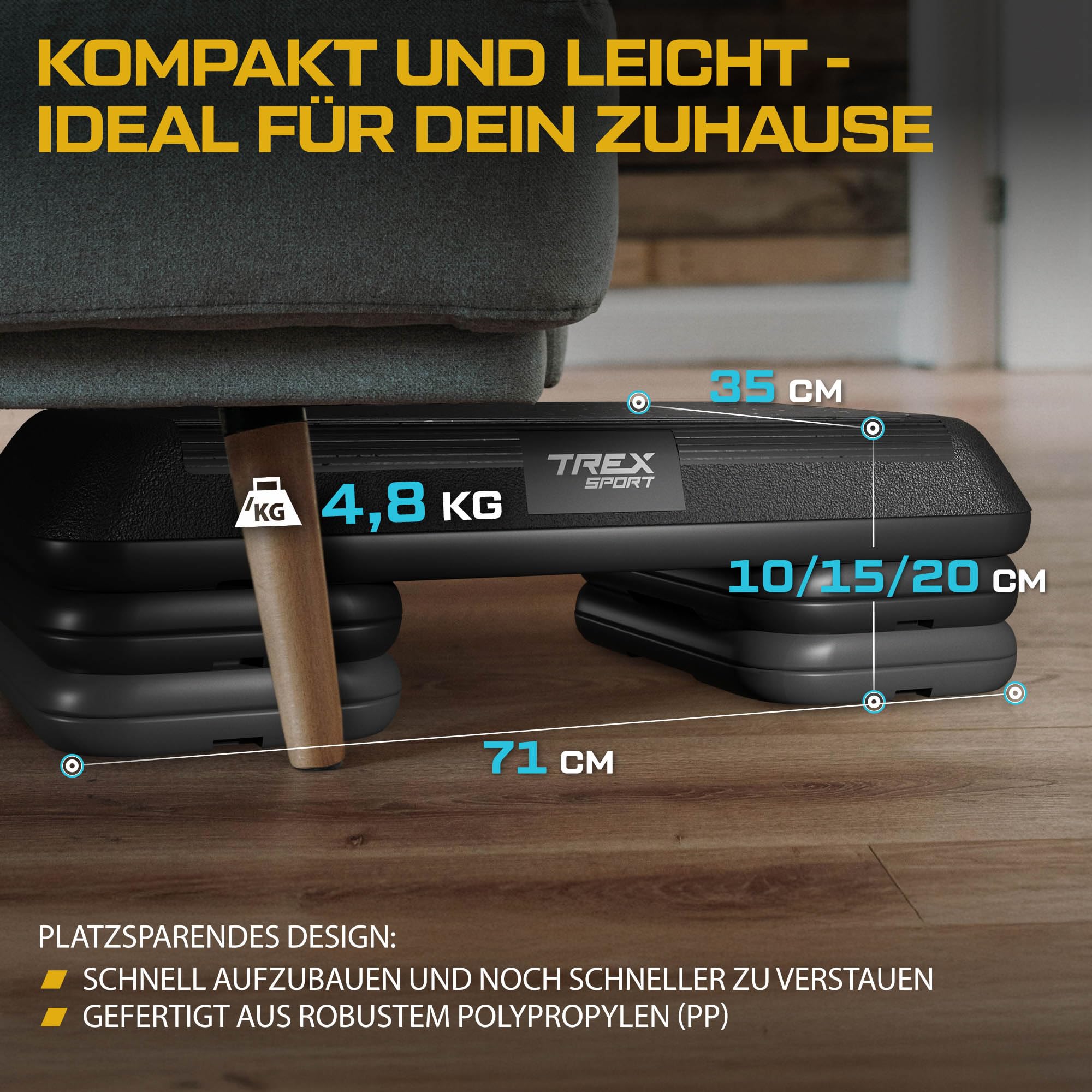 TREX SPORT Steppbrett höhenverstellbar TX-038PAS | Fitenss Stepper 3 Stufen, rutschfest, Steppboard für zuhause 71×35×10/15/20 cm, bis 300 kg belastbar