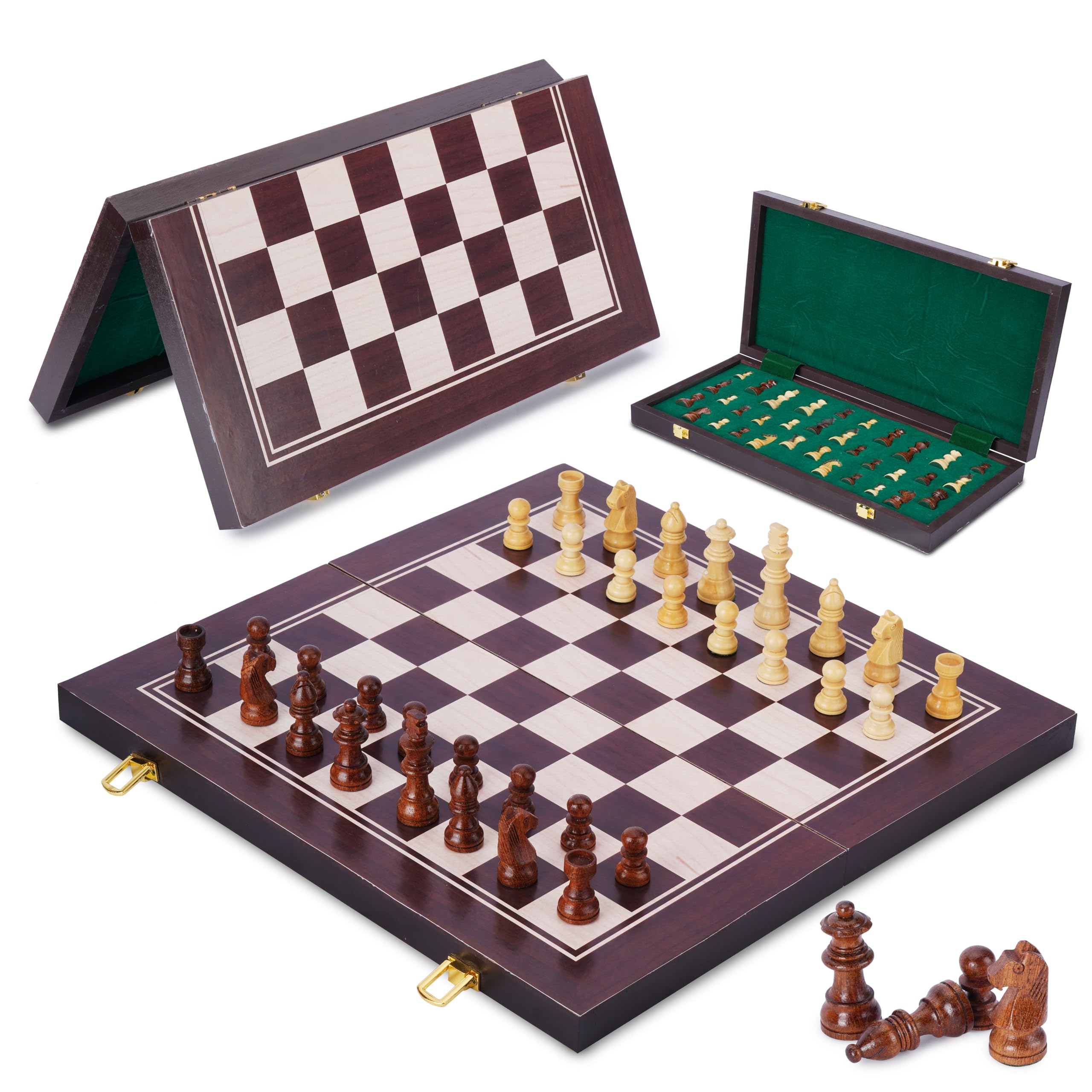 Ajuny Wooden Chess Set 14.5 Inch, Handmade Folding Chess Board Game with Storage, Portable Travel Chess Set, Educational Strategy Board Game for Kids Adults