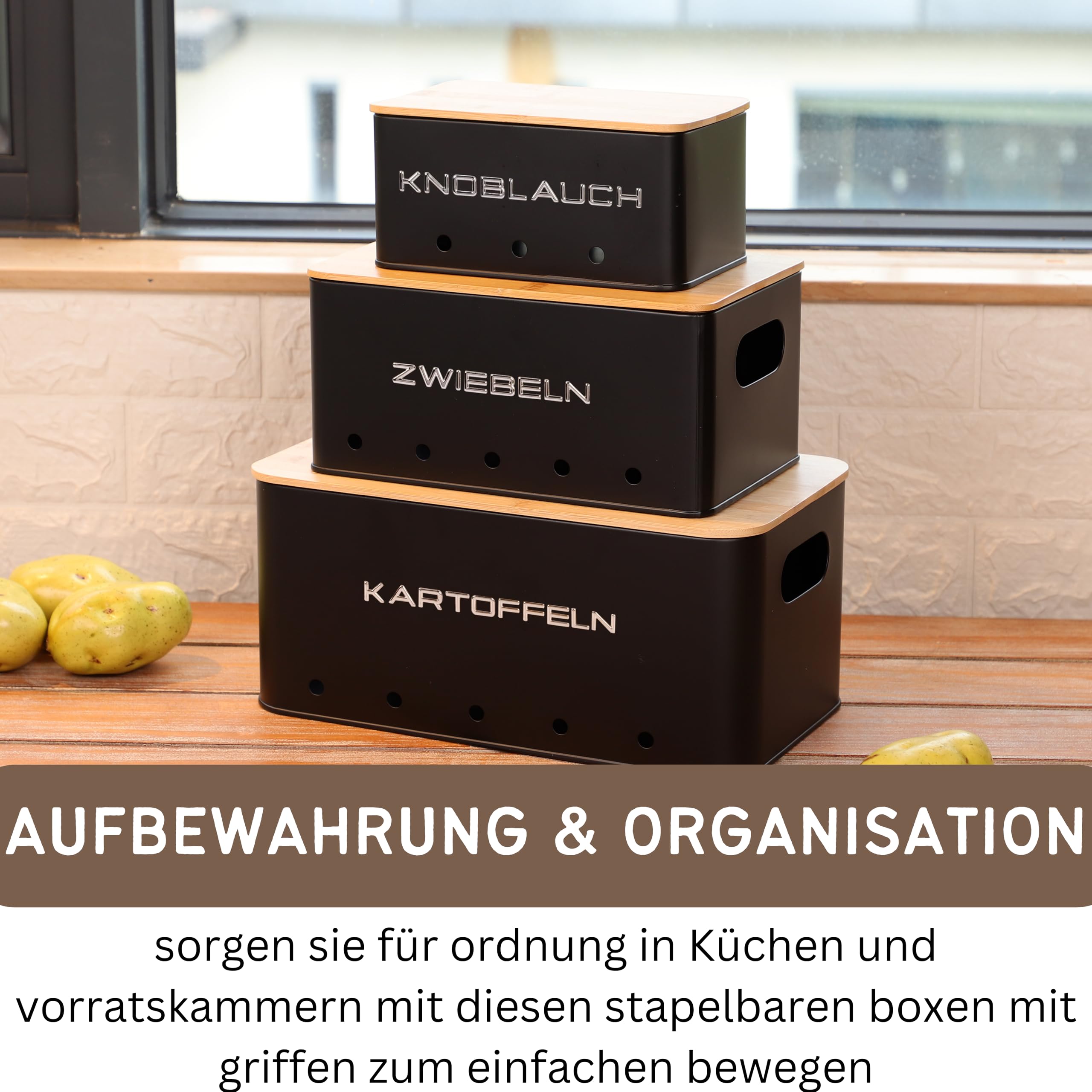 kartoffel aufbewahrungsbox - Set 3 aufbewahrung kartoffeln zwiebeln knoblauch - gemüse aufbewahrung mit kleinen lüftungslöcherne, um die luftzirkulation zu gewährleisten - Mattschwarz