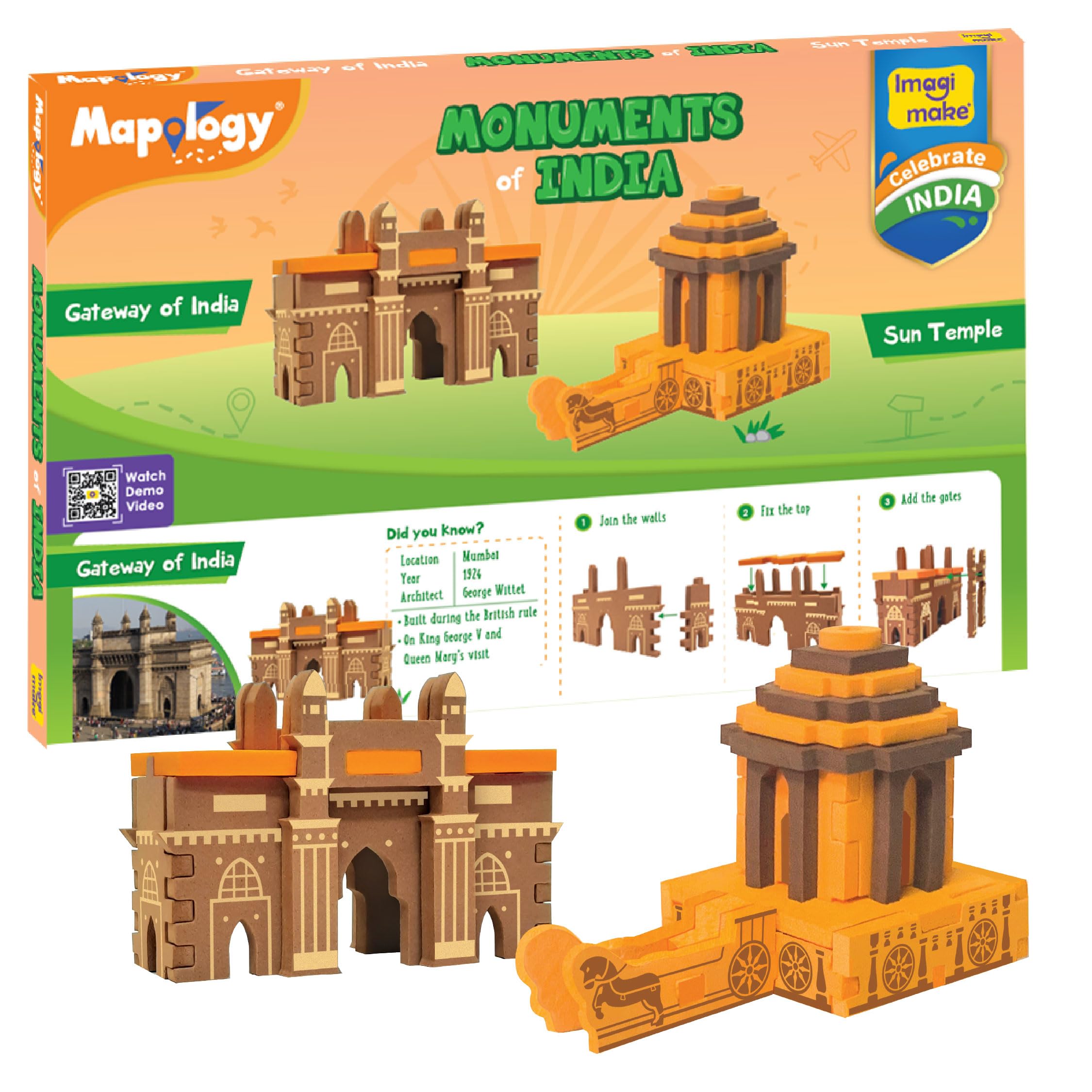 Imagimake Kids Boys&Girl'S Mapology Monuments Of India, Sun Temple&Gateway Of India Construction Blocks For Above 5 Years, Multi Color, 2 Pcs-picture-16