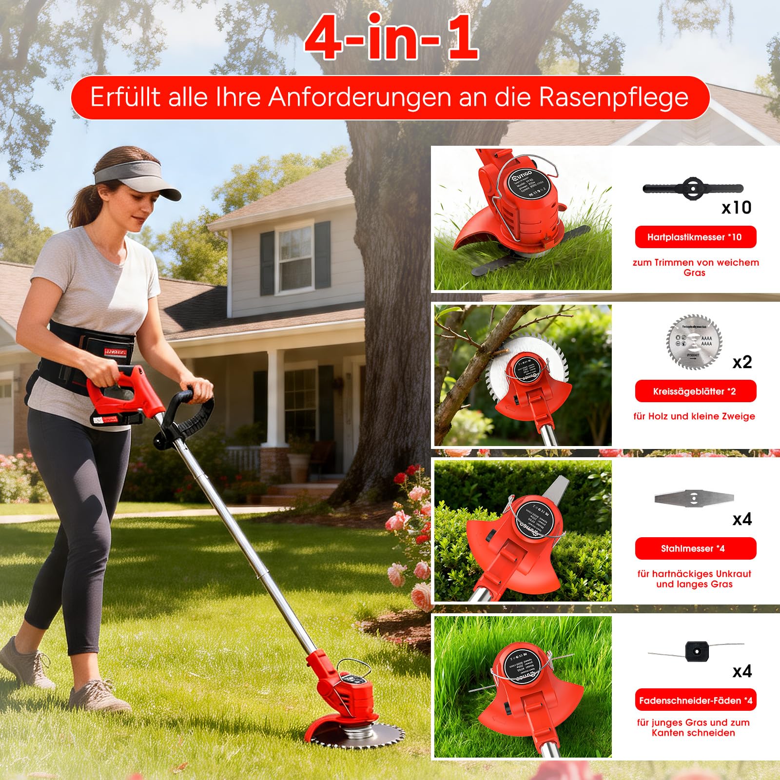 OUTIGO Akku Rasentrimmer mit Akku, Rasenkantenschneider mit 2 Akkus 21V und 4 Messertypen+1 Gartenschere, Verstellbarer Teleskop-Führungsholm Desbrozadoraeléctrico inalámbrico (Rot-FBA)