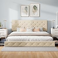 Vista 42 de WEEWAY Base de cama de plataforma de tamaño matrimonial con 4 cajones de almacenamiento, cabecera capitonada con botones de costura de diamante