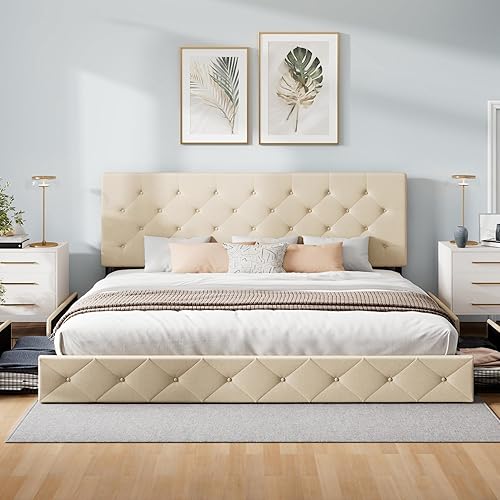 Miniatura 55 de WEEWAY Base de cama de plataforma tamaño Queen con 4 cajones de almacenamiento, cabecera capitonada con botones de costura de diamante, base de