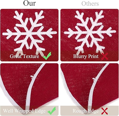 Miniatura 68 de MACTING Falda de árbol pequeño de Navidad, falda de árbol de arpillera roja de 23 pulgadas con copo de nieve blanco impreso para vacaciones, hogar