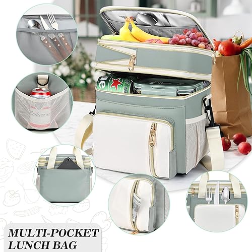 Miniatura 2 de Lonchera para mujereshombres, bolsa de almuerzo aislada, bolsa enfriadora doble expandible, lonchera reutilizable para adultos con correa de hombro