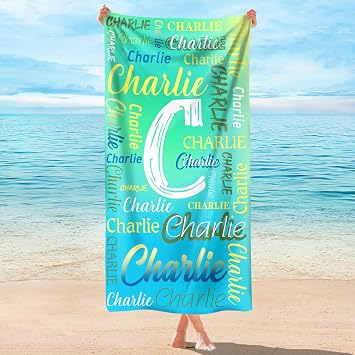 Personalized Beach Towels for Kids & Adults with Name, Microfiber, Lightweight, Kids Beach Towels for Boys Girls, Custom Quick Dry Beach Towel for Sports, Travel, Pool Cyan Blue