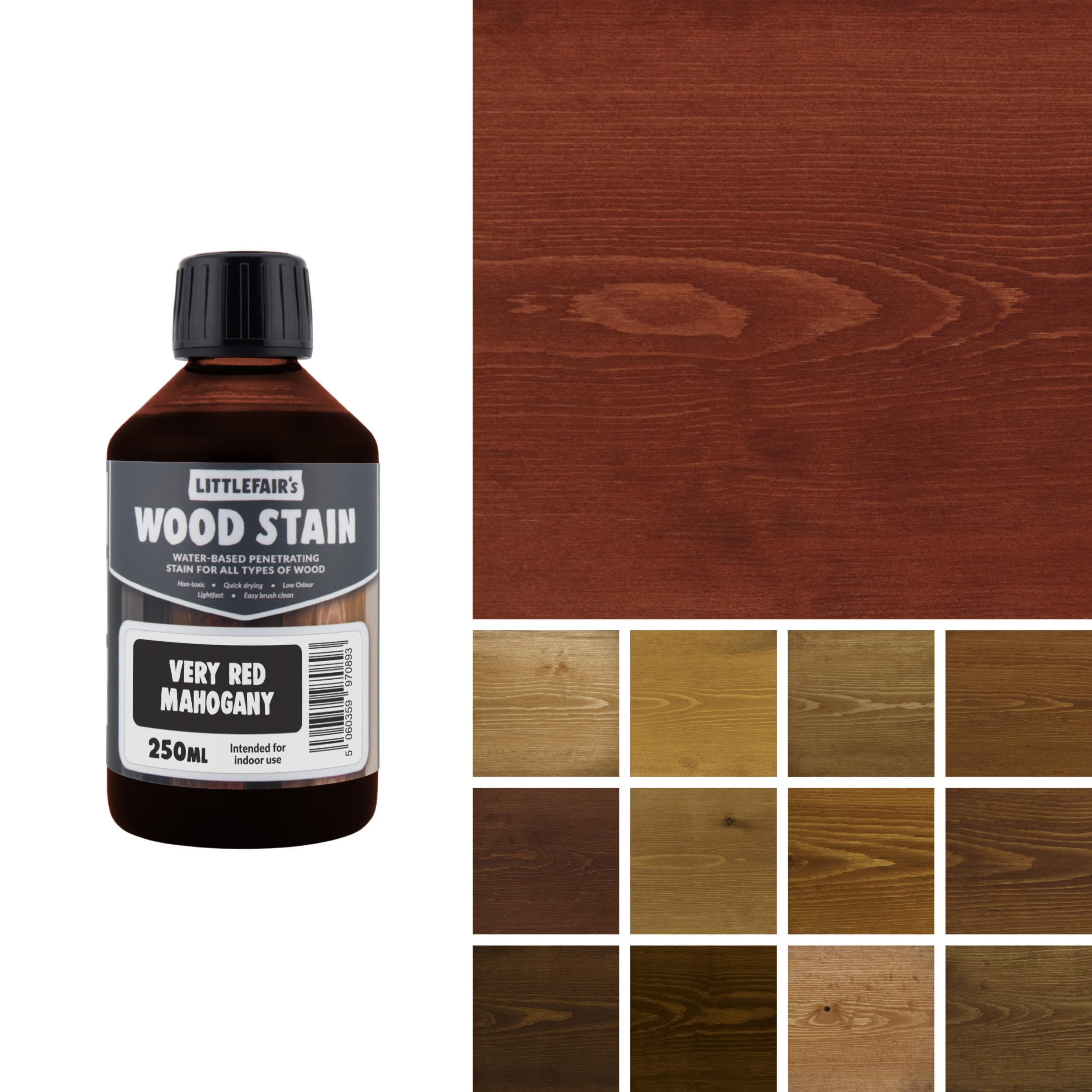 Littlefair's Wood Stain Water-Based - (Very Red Mahogany) – Non-Toxic, Eco-Friendly & Quick Drying - Easy-to-Apply, Concentrated Formula for All Wood Types – 250ml