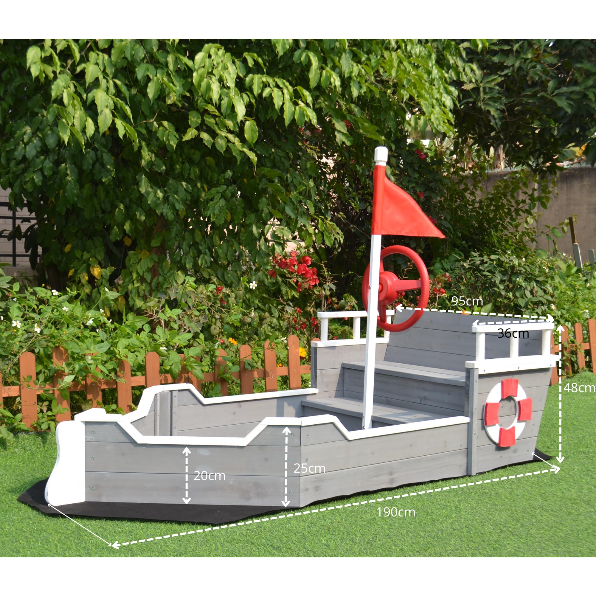 Sandkasten aus Holz Boot – Inkl. Bodenplane – Sitzbank mit Ablagefach – Schiff Spielplatz Ausrüstung - 1950 x 940 x 1355mm