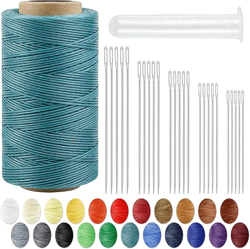 Hilo encerado de costura para tapicería de cuero PLANTIONAL - Cuerda de cera 150D de 218 yardas con 25 agujas de coser a mano de ojo grande, kit de