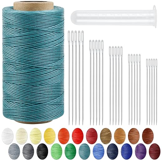 Leather Upholstery Sewing Waxed Thread: PLANTIONAL 218 Yard 150D Wax String with 25 Large Eye Hand Sewing Needles, Heavy Duty Sewing Kit for Car Sofa Canvas Carpet Leather Repair Craft DIY (Aqua Blue)