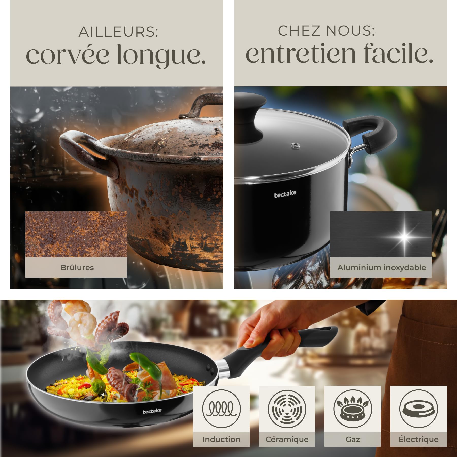 tectake® Set de cuisine 45 pièces, Service de table 6 personnes et Batterie de cuisine, Poêles, Casseroles, Assiettes plates, Assiettes creuses, Bols, Tasses, Louche, Spatule, Vaisselle en grès