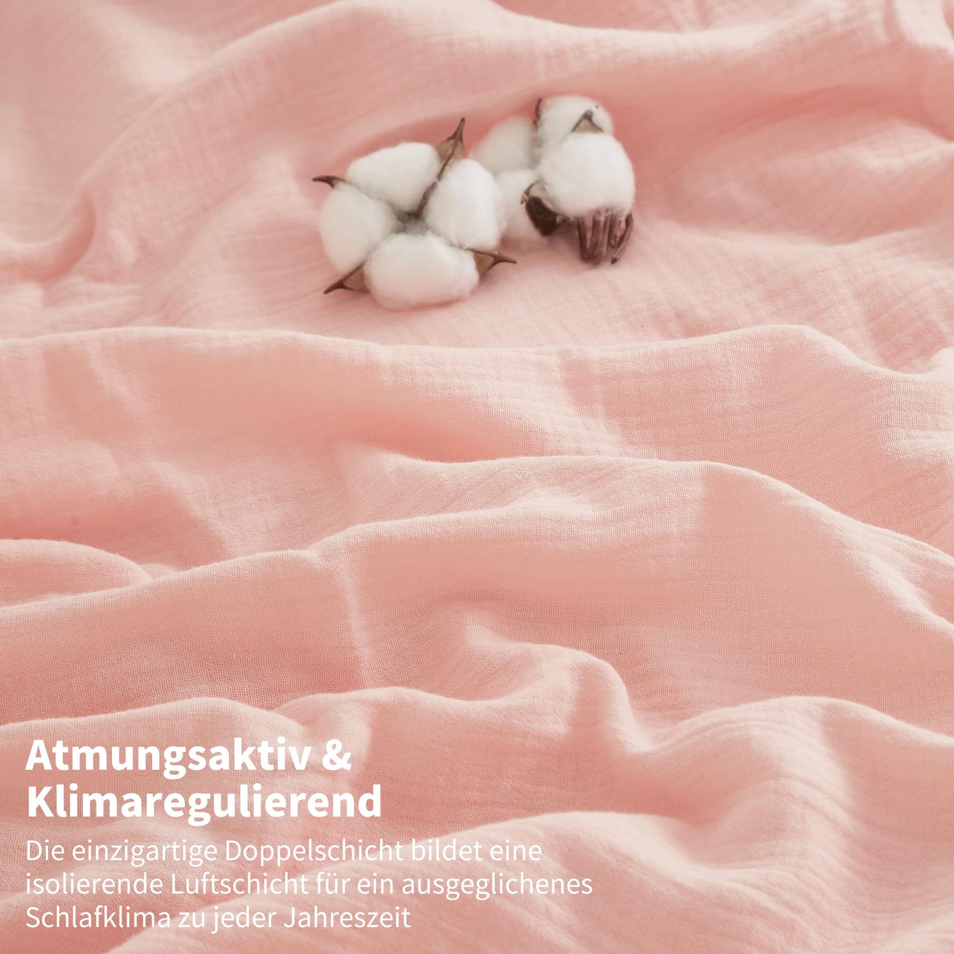 Doppelte Muslin Bettwäsche 135x200 Rosa 100% Baumwolle Bettwäsche Muslin Weich Atmungsaktiv Kuschelige Bettbezug Set 2teilig mit Reißverschluss und 80x80 cm Kissenbezug