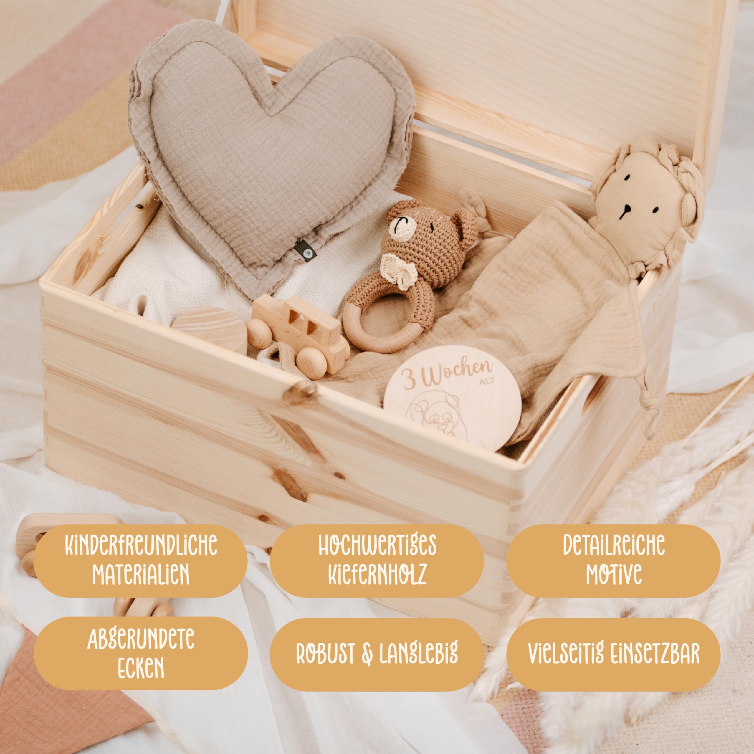 Lilletå ® Erinnerungsbox Schulanfang (001.08) - XL mit Griff - 40 x 30 x 23 cm - Erinnerungskiste Baby mit Hochwertigem Farbdruck - Baby Kind Erinnerungsbox Holz - Geschenk Geburt Mädchen Junge