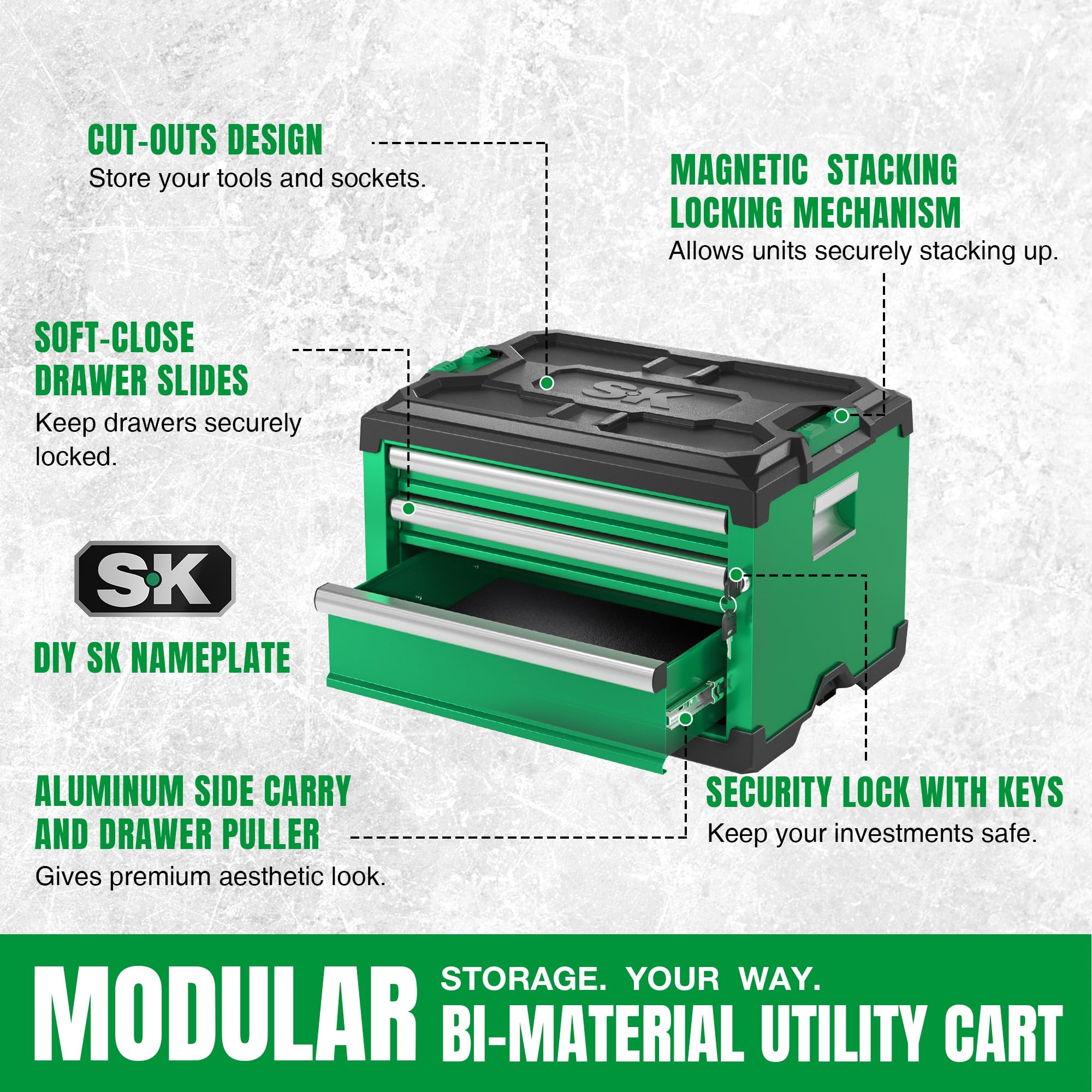 SK Cassetta portautensili modulare impilabile, 50 cm, scatola in acciaio con 3 cassetti, meccanismo di bloccaggio automatico magnetico, può contenere fino a 27,2 kg