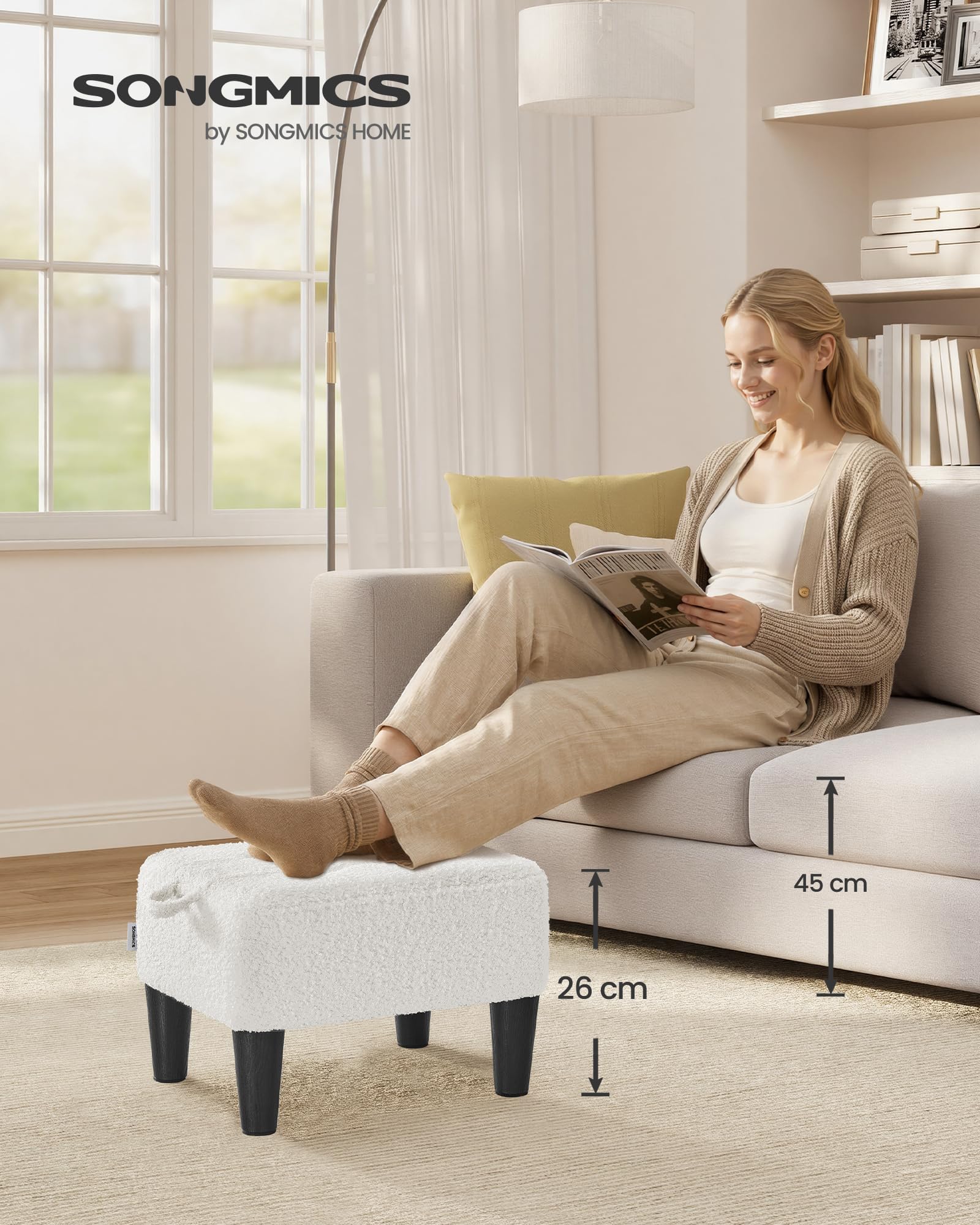 SONGMICS Sgabello Poggiapiedi, Pouf Contenitore in Tessuto Peluche, Imbottitura Spessa, Portata fino a 150 kg, per Soggiorno, Camera da Letto, Ingresso, Bianco Crema e Nero Inchiostro LOM503WD01