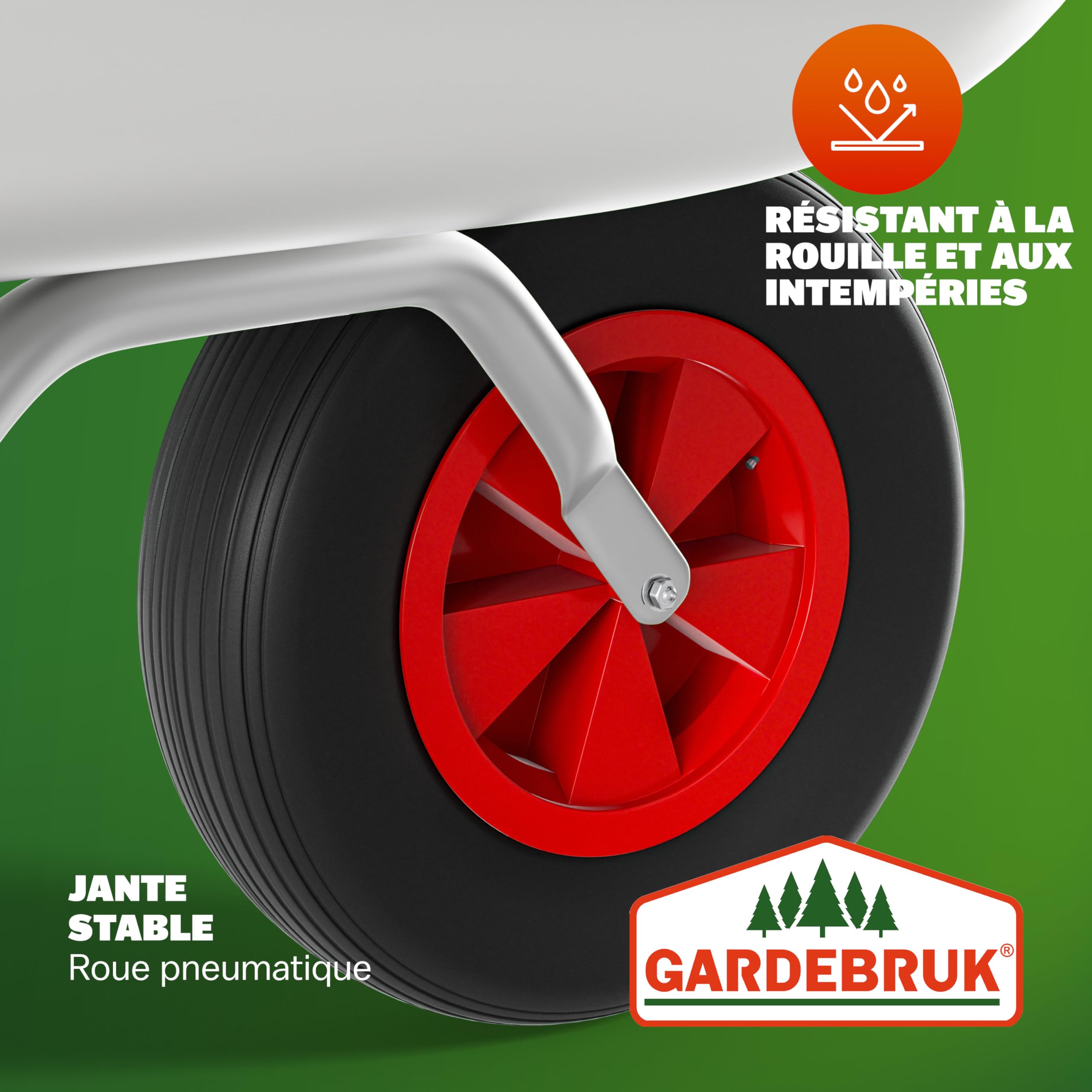 GARDEBRUK® Brouette 80L Max. 100kg galvanisée poignée Caoutchouc brouette Jardin brouette de Chantier Jardinage Chariot de Transport Roue de brouette pneumatique outils jardinage