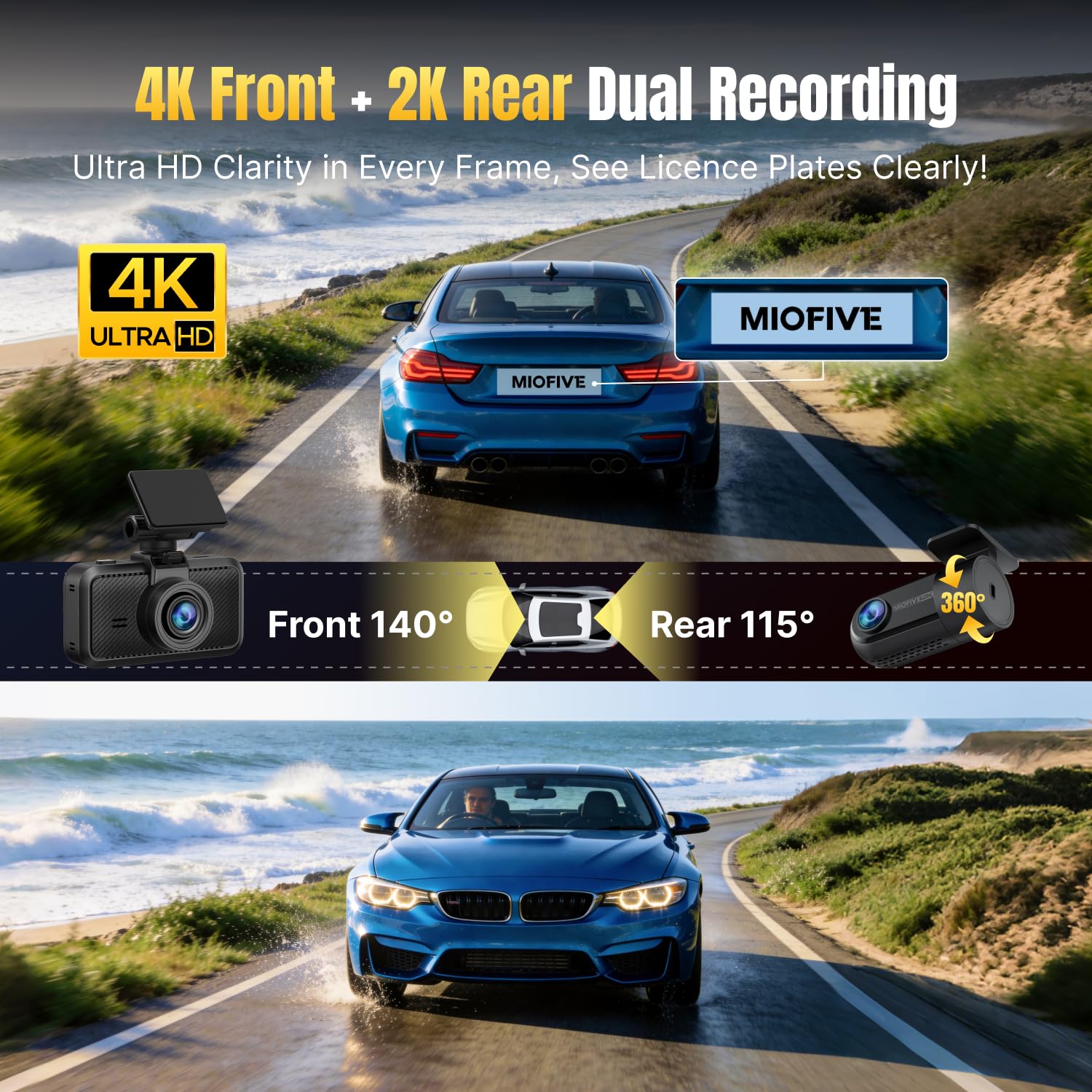 Miofive 4K+2K Dual Dash Cam Front and Rear, Pre-installed 64GB Card, 5GHz Wi-Fi Bluetooth GPS, 3" IPS Screen, HDR Night Vision, 24H Parking Mode, AI Start & UK Speed Camera Detection - 2