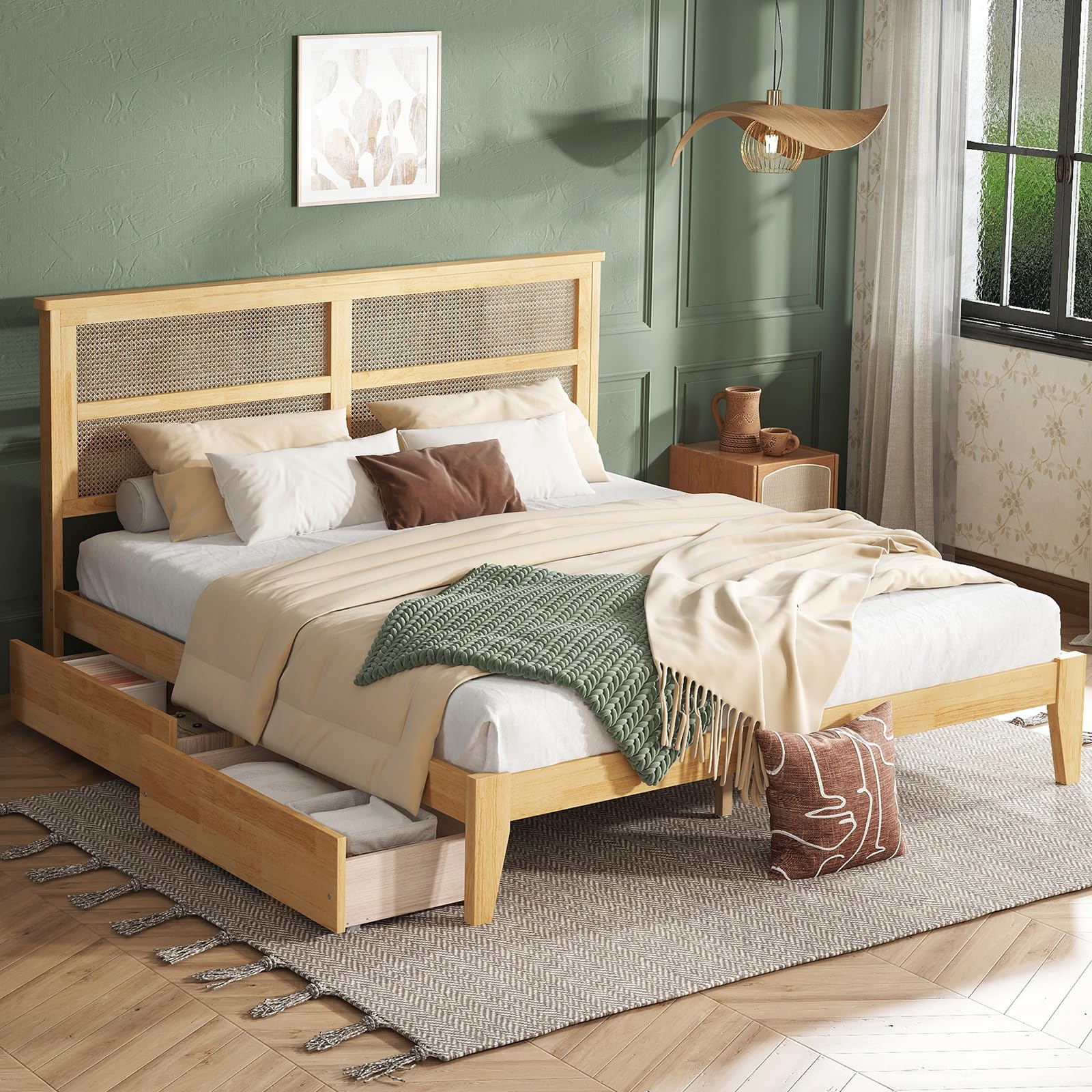 HRVEOCEI Boho Bed Frame King with Rattan Headboard, Rattan Bed Frame& King Beds Frames with Wood Legs, Solid Wood Beds Frames with Storage Underneath,