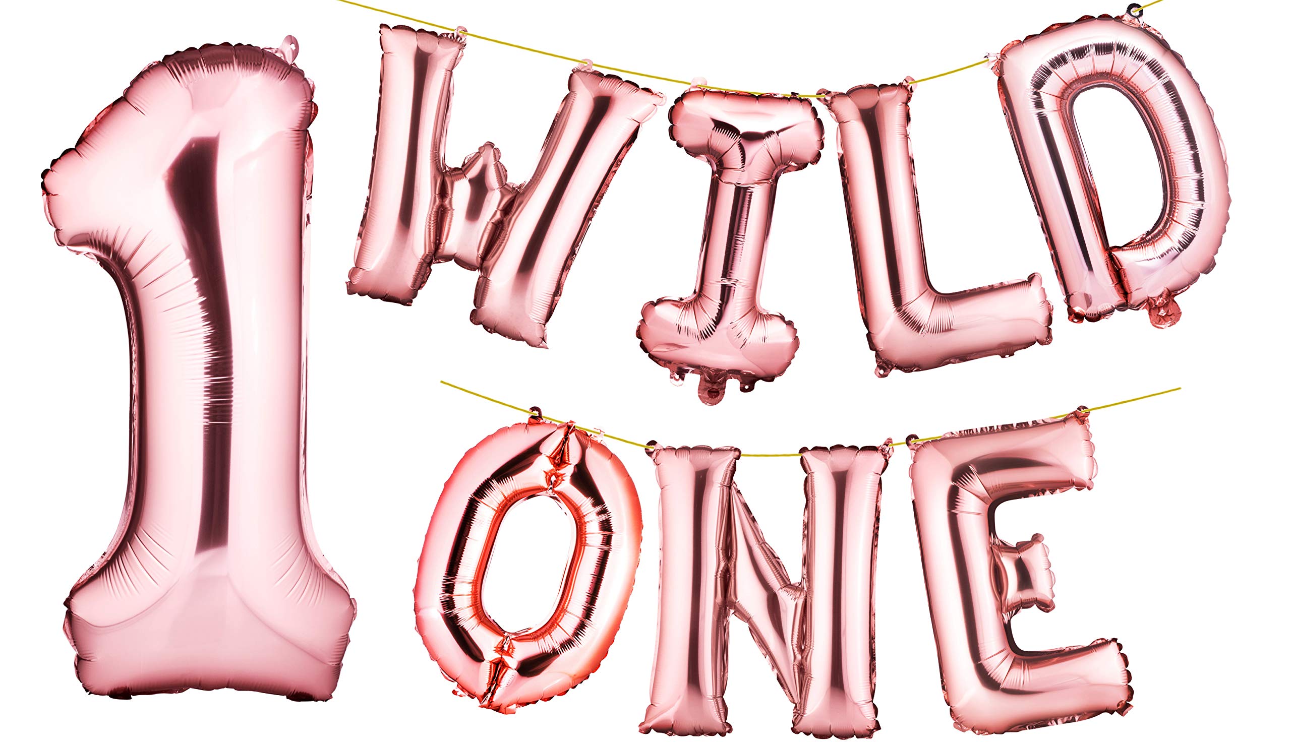 16" WILD ONE Rose gold Foil Balloon Letters Banner, with Large Number "1", Baby Boy/Girl First Birthday