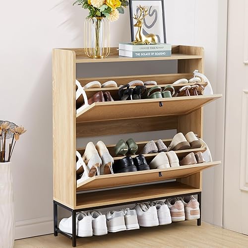 LEVNARY Zapatero con 2 cajones abatibles, estantes estrechos de madera para zapatos, organizador de zapatos oculto independiente con patas de metal