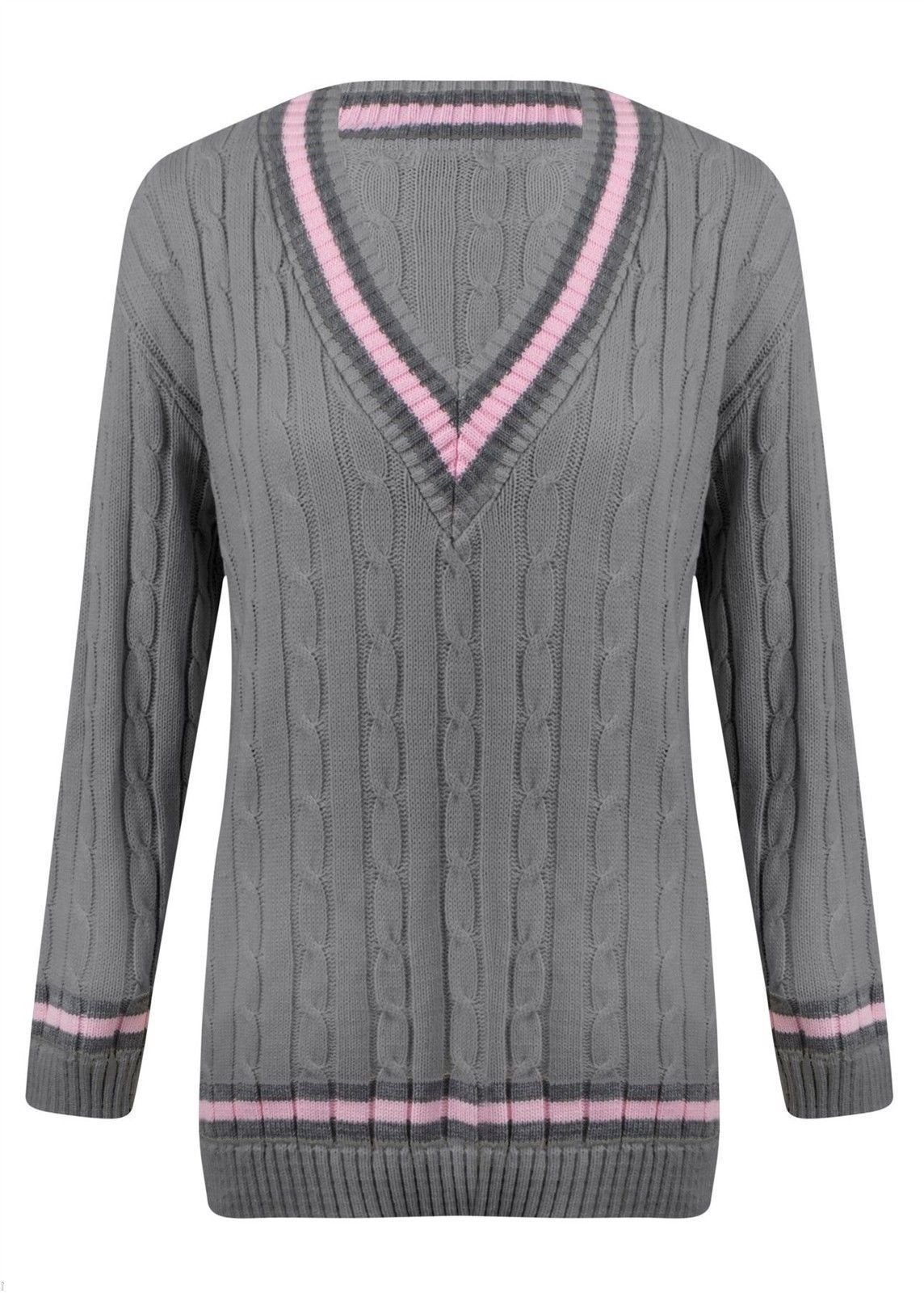 Minni Rossa Womens V Neck Cable Knit Cricket Jumper Pullover Sweater top UK Plus Sizes (Grey-Charcoal/Pink, S-M)