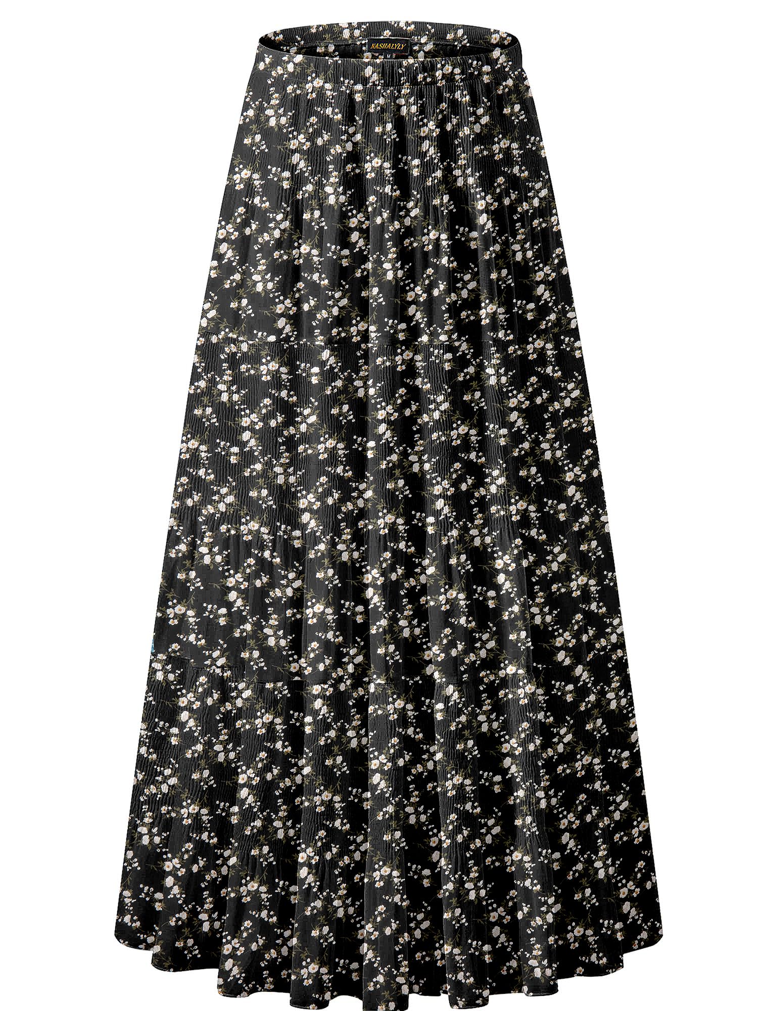 NASHALYLY Women's Chiffon Elastic High Waist Pleated A-Line Maxi Skirts