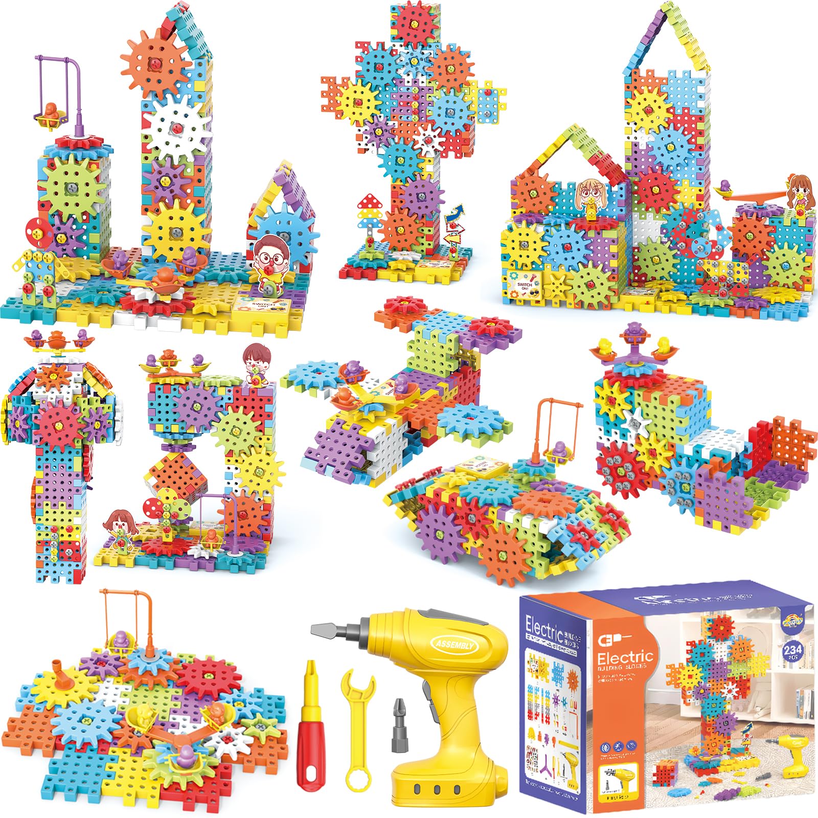 Montessori - Juguetes de bloques de construcción de engranajes eléctricos, juego de herramientas para niños, 234 piezas de diseño y taladro, juguete educativo de construcción STEM para niños y