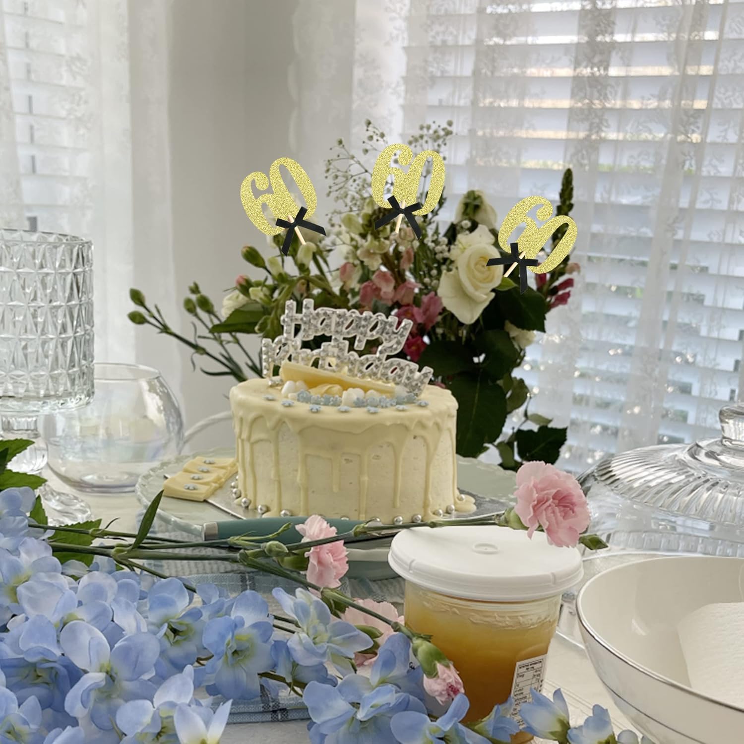 Sotpot 8 pcs Gold Glitter 60th Birthday Centerpiece Sticks, Number 60 with Bow Centerpieces Table Flower Topper for Man Woman 60th Birthday Anniversary Table Party Decorations - Image 7