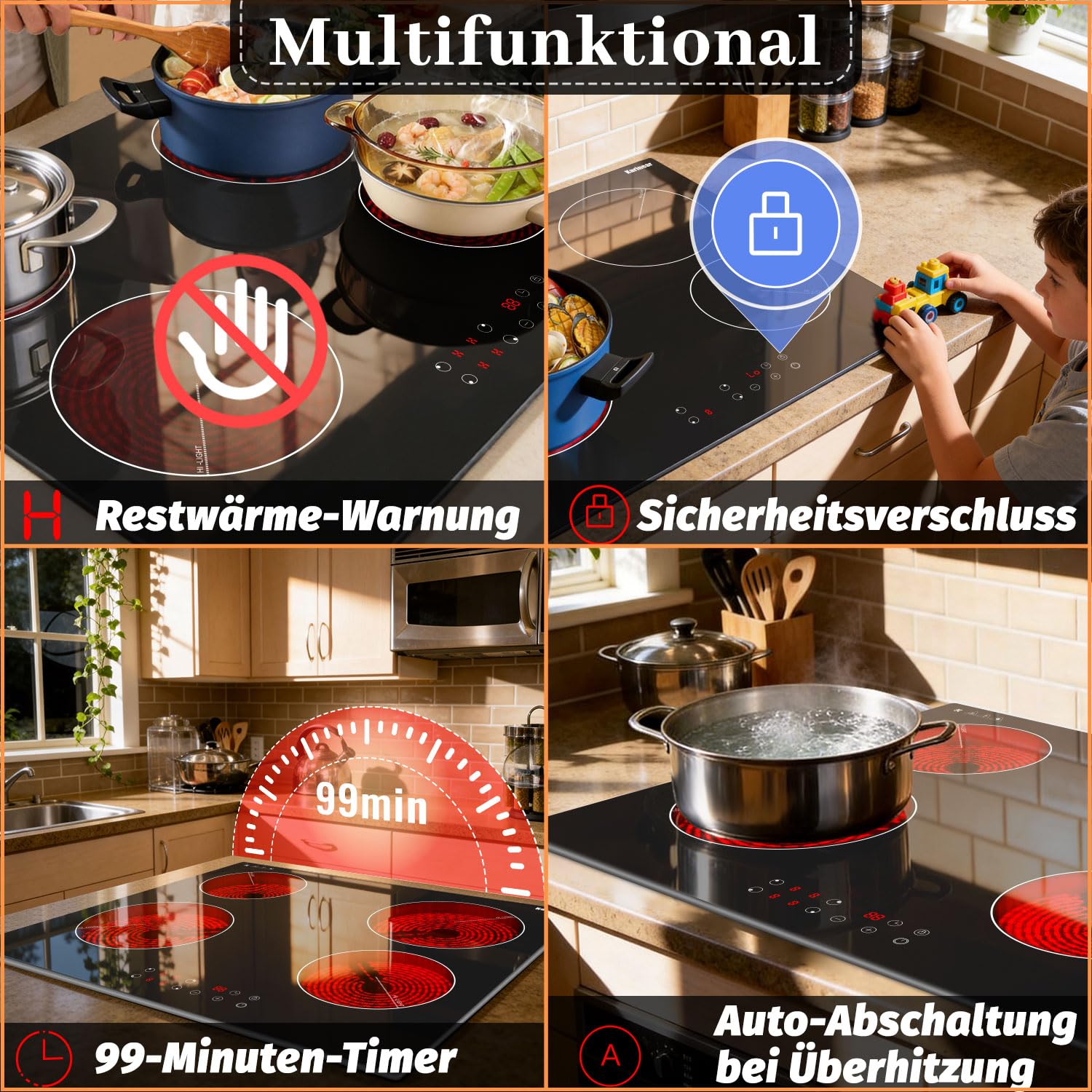 Karinear Glaskeramikkochfeld 4 Platten 6000W 60 cm Touch-Steuerung Timer Sicherheitsverriegelung 240V