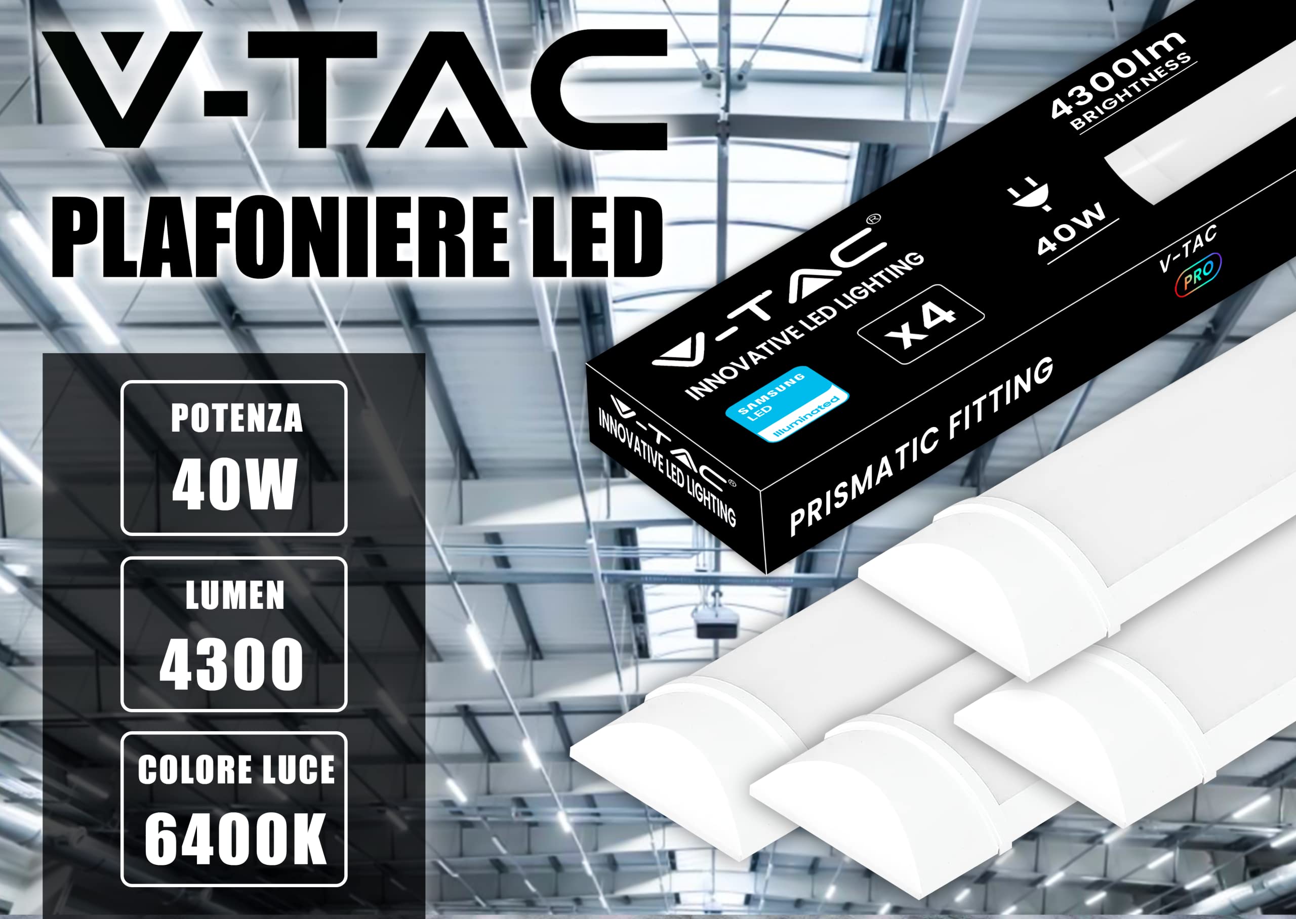 V-TAC 4x Plafoniere LED 120 CM da Soffitto o Parete - 40W - con Chip Samsung - Lampada Rettangolare 4300 Lumen IP20 per Parete, Garage, Negozio - Tubo LED - Luce 6500k Bianca Fredda