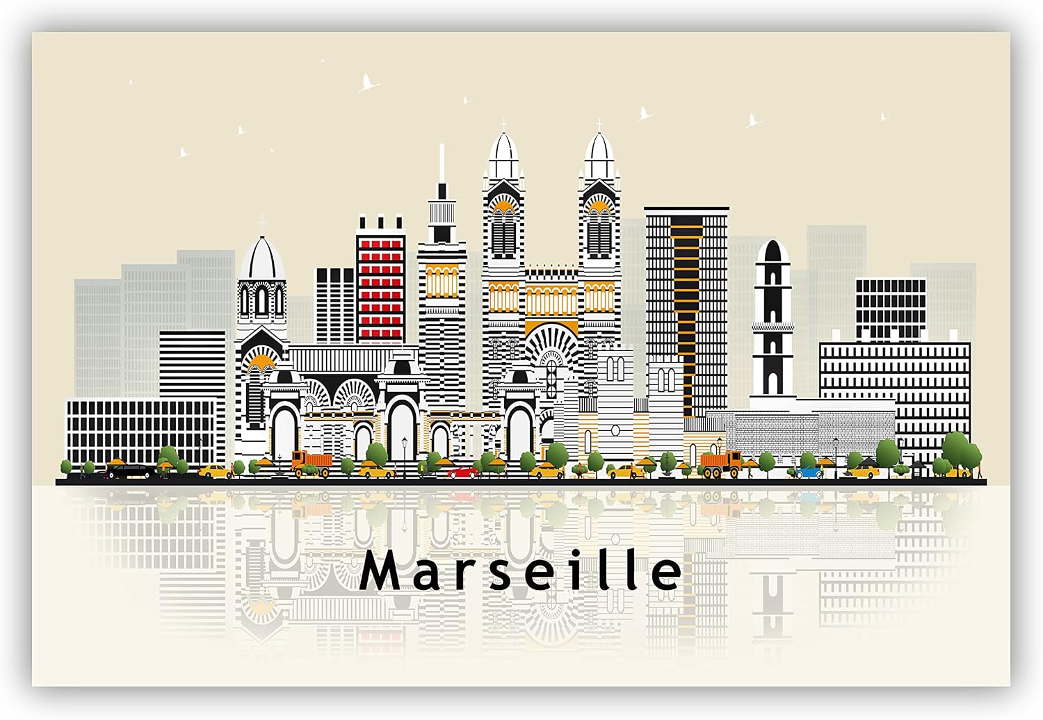 Pera Print MARSEILLE Poster, Marseille France Illustration Skyline City Poster, Modern Skyline France Poster, Cityscape and Landmark Print, Home-Office Wall Art Decoration - 12x18 Inches