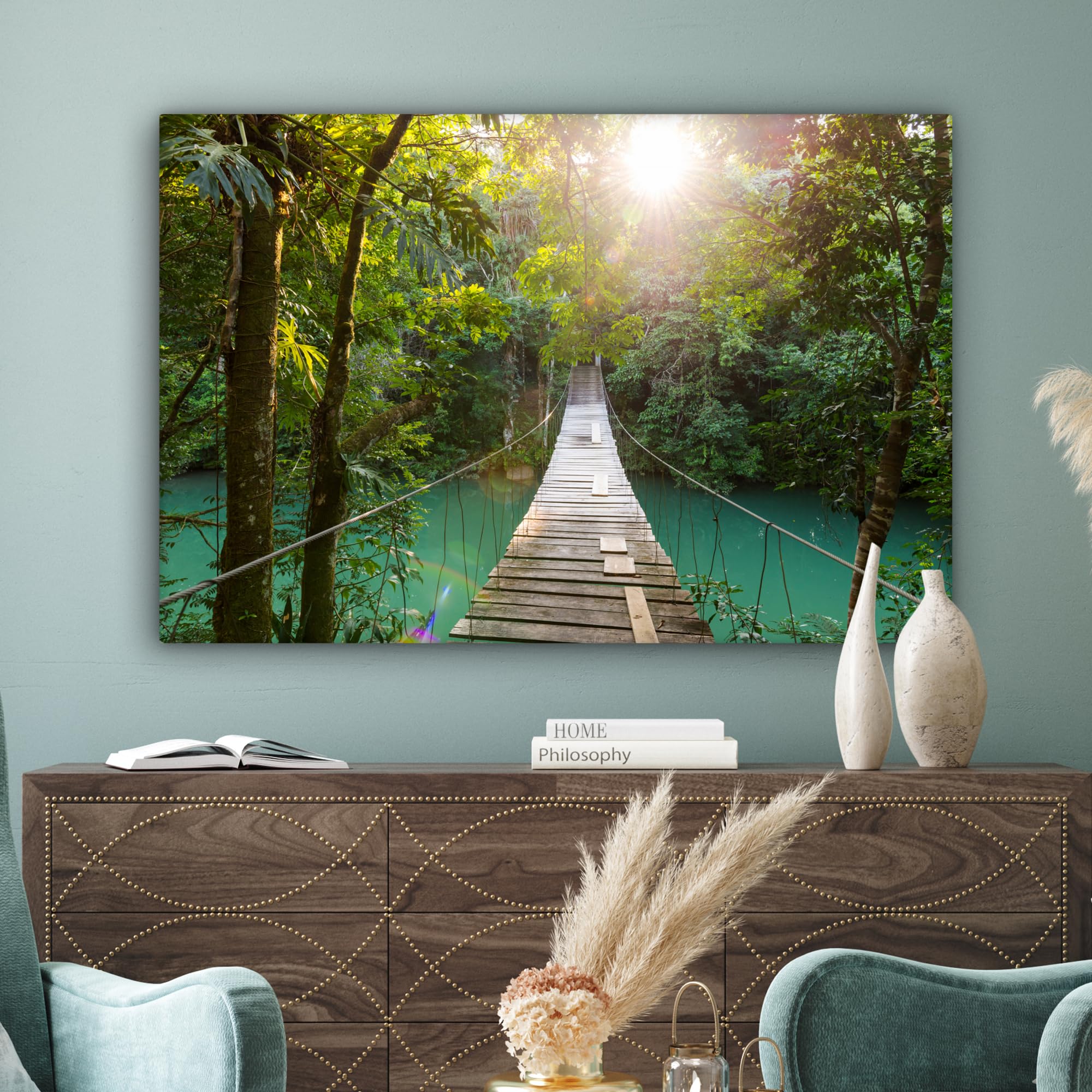 MuchoWow© Impression sur Toile Peinture 120x80 cm Tableau Mural Decoration Salon Reproductions de Tableaux Murale Moderne Jungle - Eau - Pont - Nature - Plantes