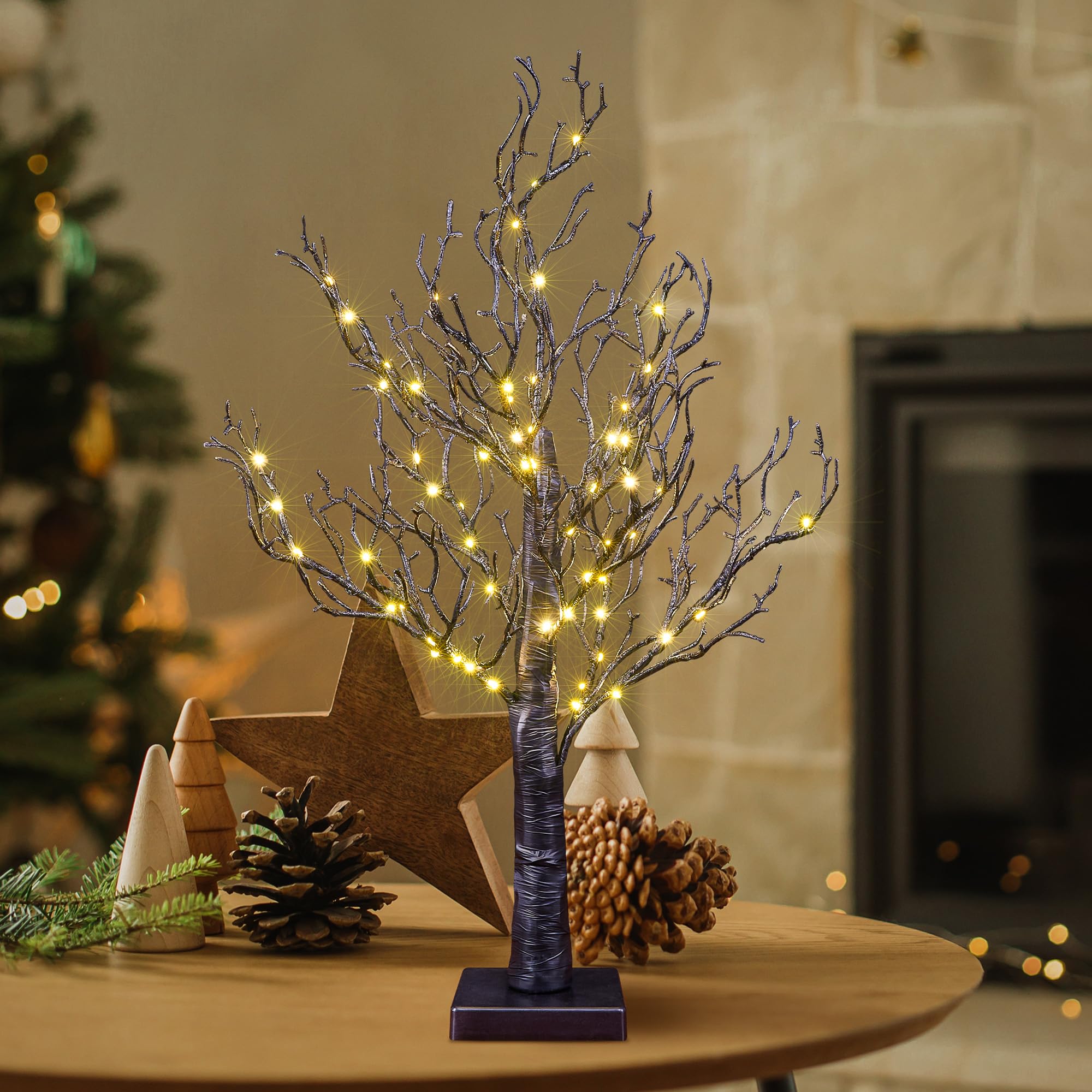 LIGHTSHARE 24IN Lighted Willow Tree Bonsai 70 Mini LED Lights Artificial Black Birch Tree for Home, Festival, Nativity, Party, and Christmas Decoration, Plug in or Battery (Black)
