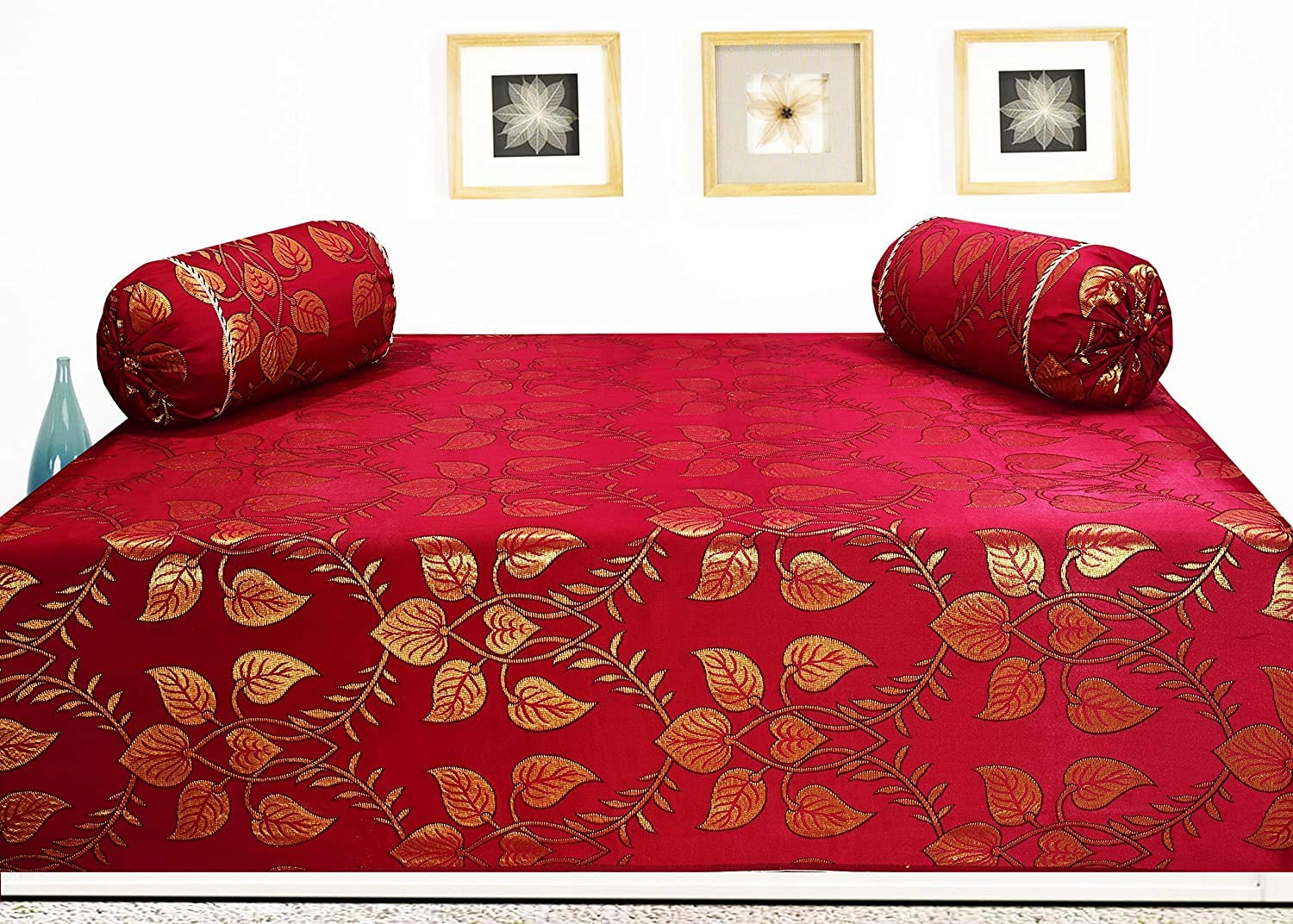 LE HAVRE Premium Silk and Polycotton Shiny Goldish Colored Technology Made Single Bed Small Diwan Cover- Pack of 3pc with Bedsheet, 2 Bolster Cover (Burgundy Gold)-image-2