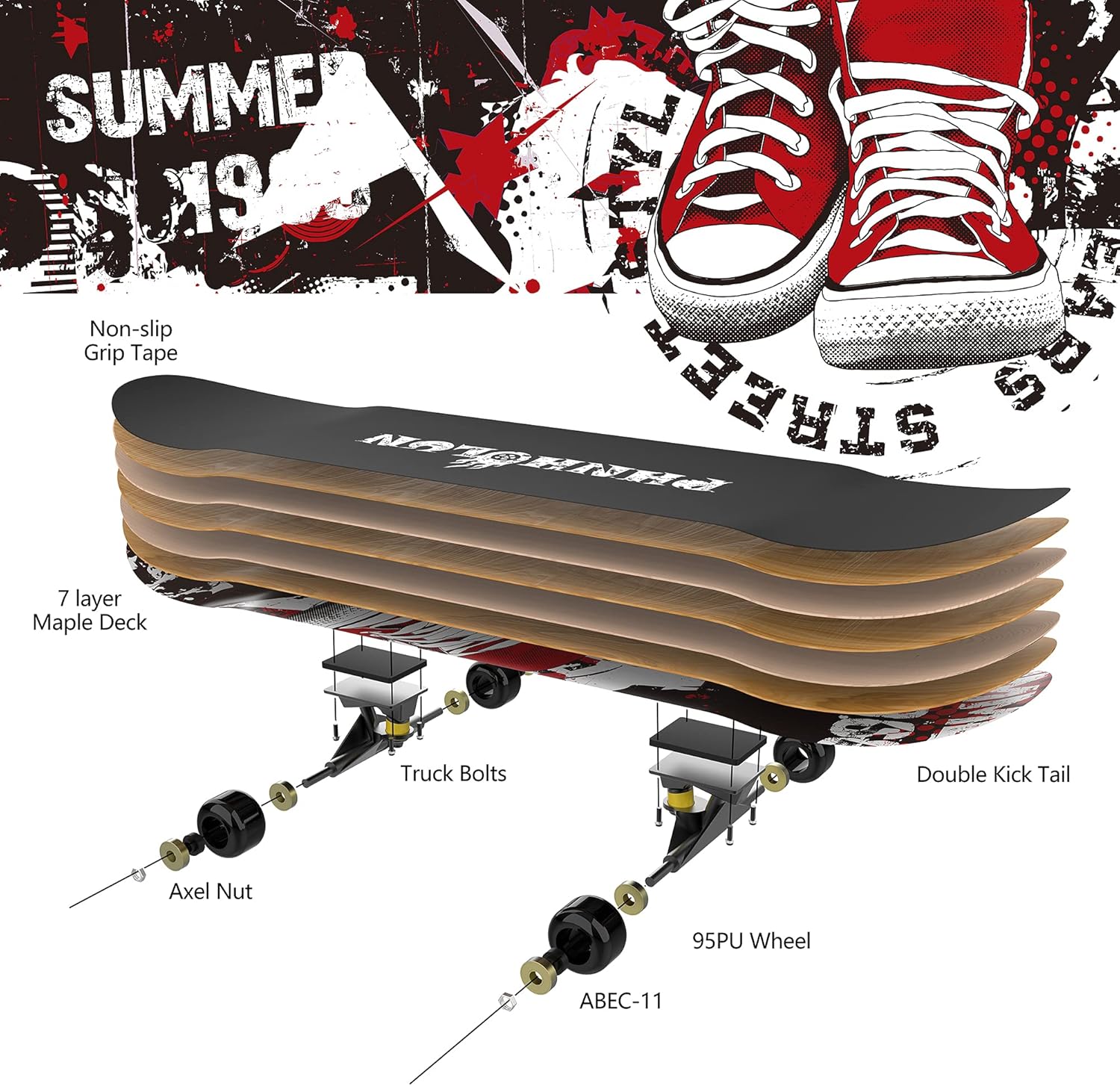 Skateboards Complete Standard Skateboard for Beginners：31 x 8 Trick Skate Board with 7 Layer Canadian Maple Double Kick Concave Skateboards for Kids Boys Girls Teens Youth Adults : Sports & Outdoors