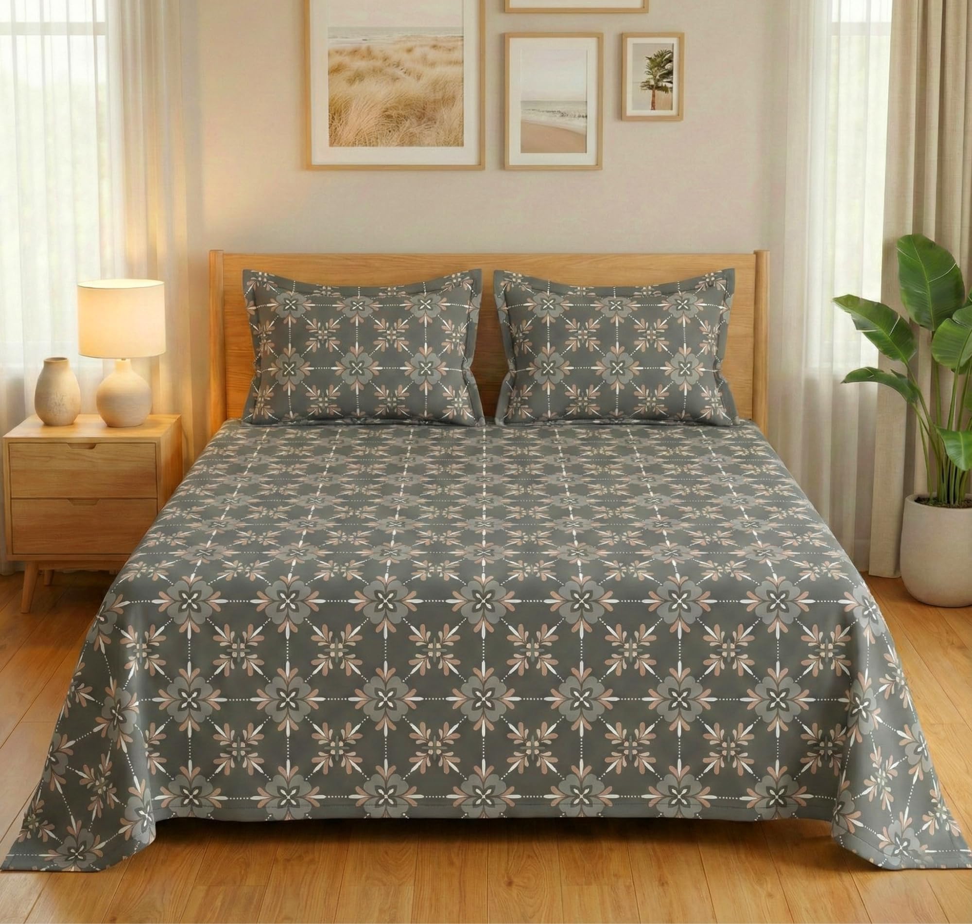 SANMARINO 300 TC Premium Flat Bedsheet with 2 Pillow Covers – Soft Breathable Cotton Feel, Luxury Printed Double Bed Bedsheet Set, Elegant & Durable Bedding 230 x 254 cm, Charcoal Floral Luxe-picture-34