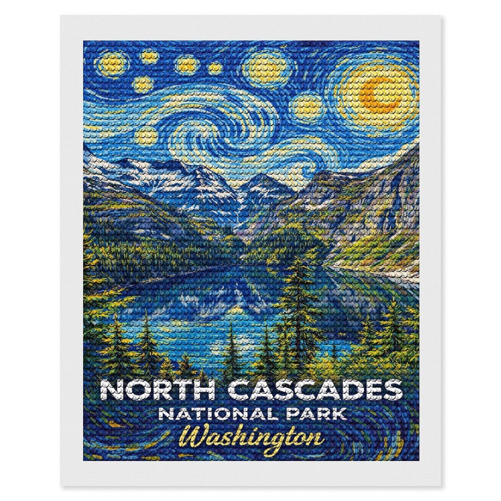 Junmoney North Cascades National Park Washington Starry Night Diamond Painting Canvas Kit 16"x20", Adhesive Canvas, Living Room Decor, Farmhouse Decor, Winter Craft