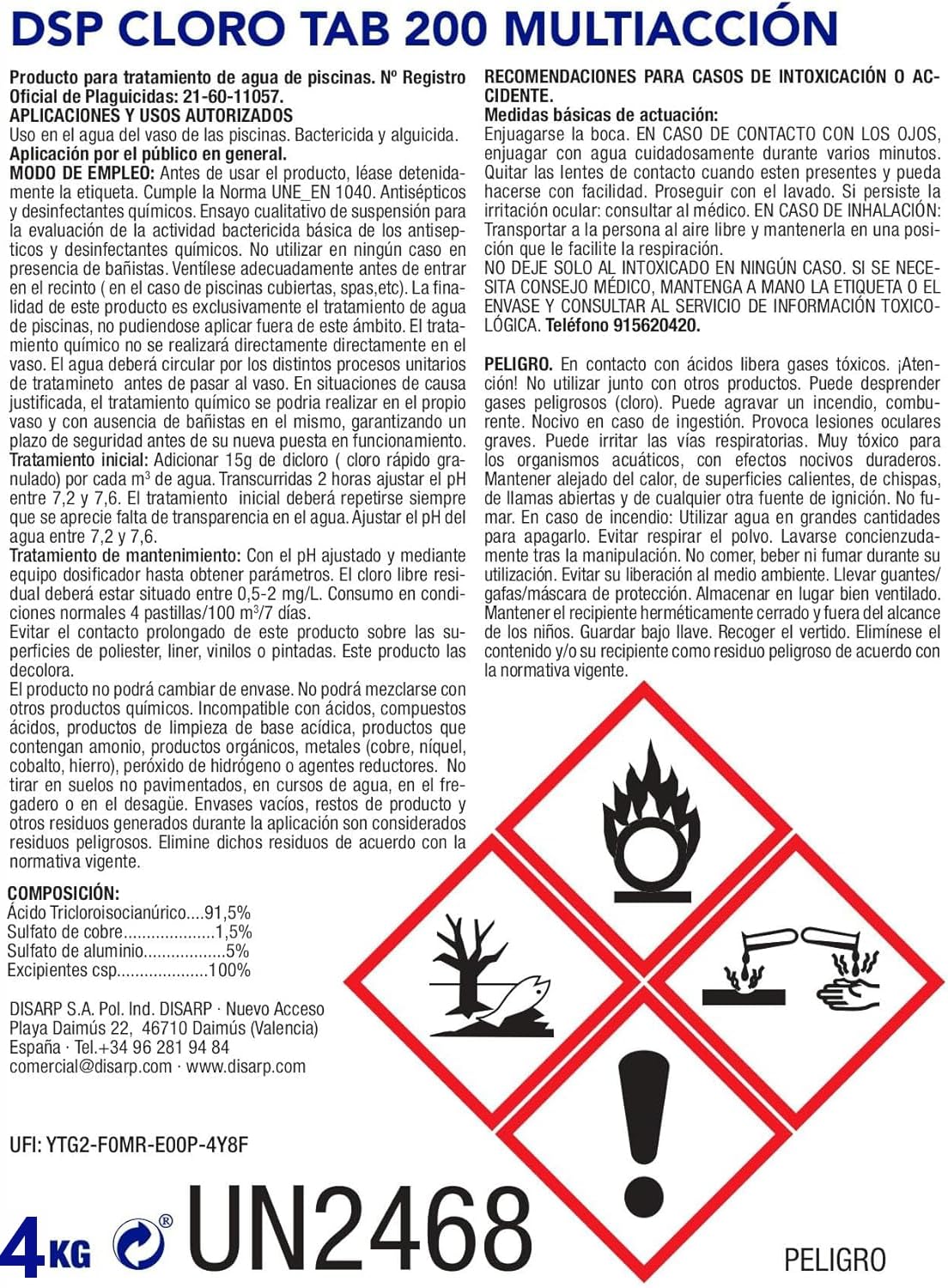 DSP Cloro Tab 200 Multiacción 5KG Pastillas 200gr | Tratamiento Completo para Piscina | Agua Cristalina y Desinfectada | Disolucion Lenta (Cloro 5 Acciones)