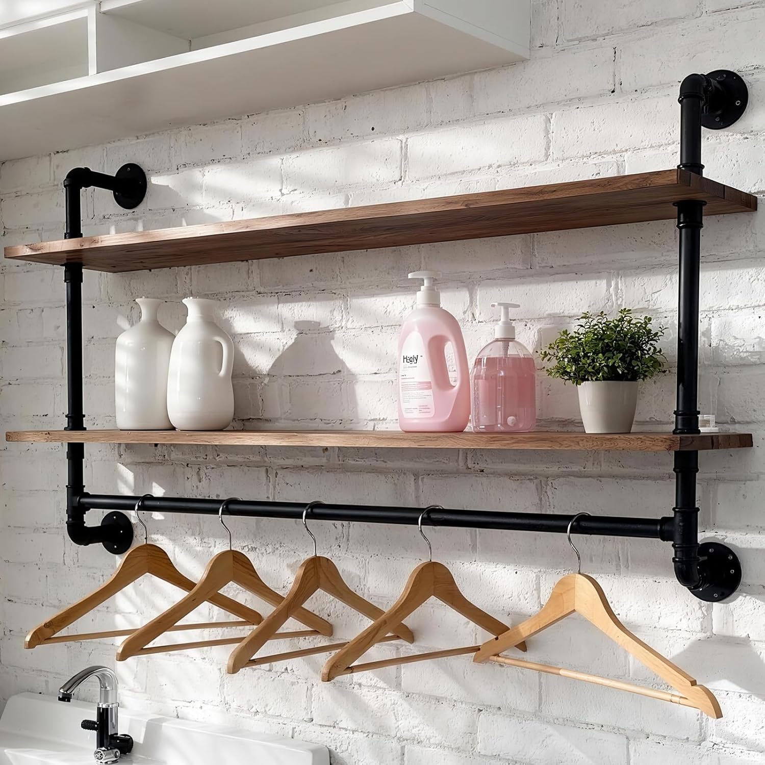 Industrial Pipe Shelving Pine Shelf,Pipe Shelves with Wood Planks,Wall Mounted Bookshelf,Floating Bar Shelves(2 Tier 42In)