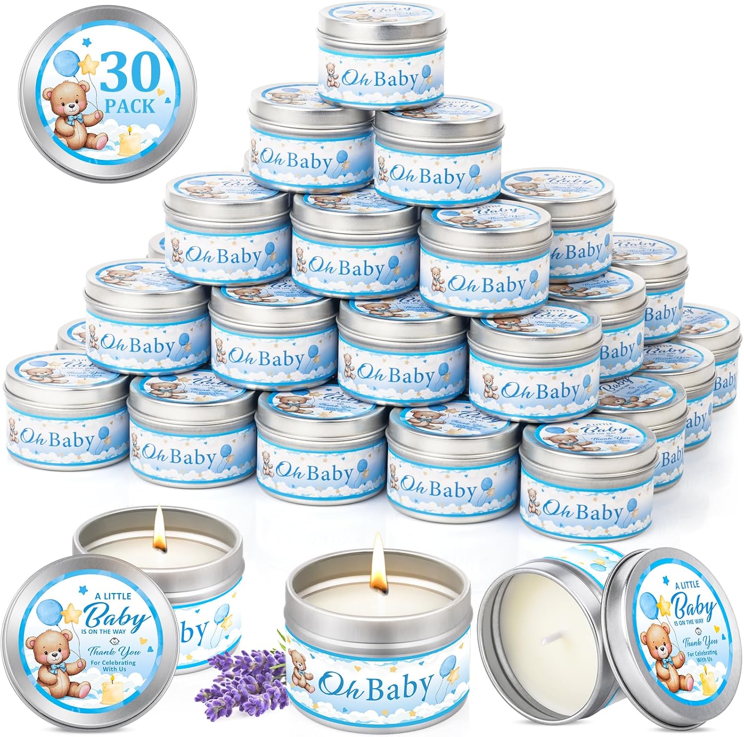 Paquete de 30 velas de recuerdo de fiesta de baby shower con aroma a lavanda, recuerdos de baby shower para invitados, premios de invitados,
