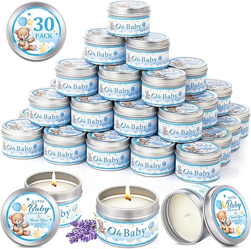 Paquete de 30 velas de recuerdo de fiesta de baby shower con aroma a lavanda, recuerdos de baby shower para invitados, premios de invitados,