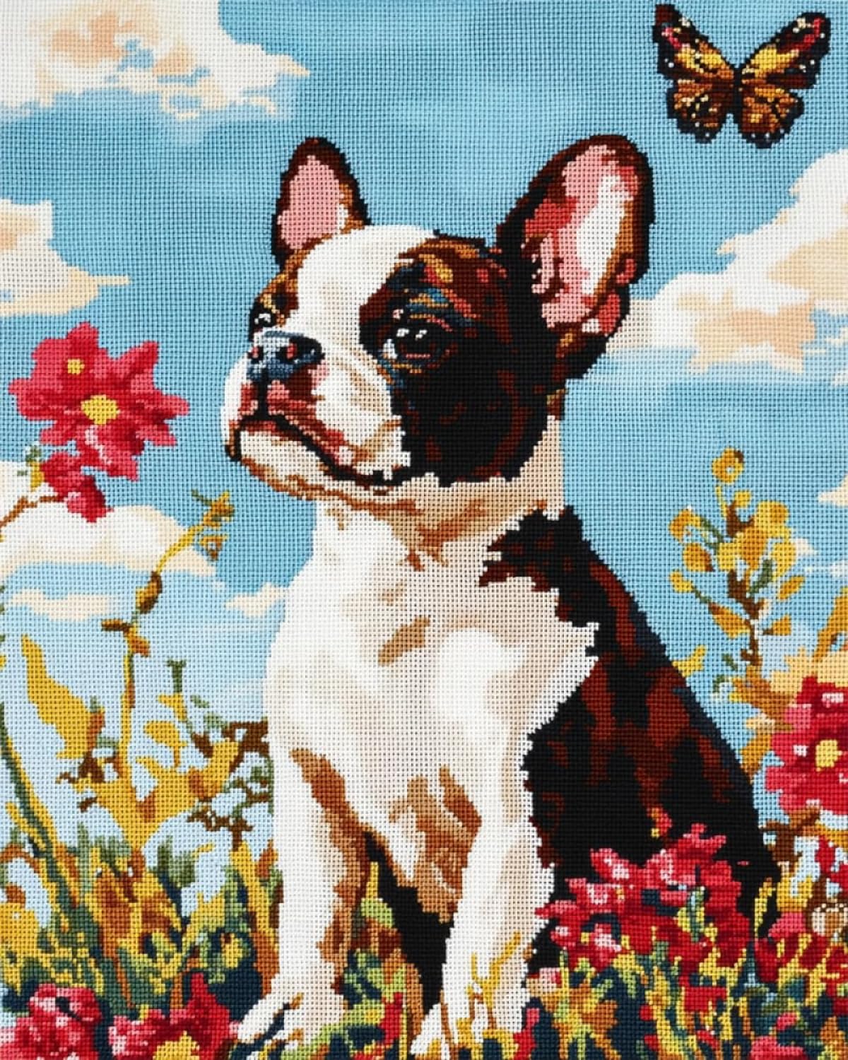 LFYNIORS DIY Perlenstickerei Komplett Set Bulldoggentiere Und Blumen Nadelstich-Set Mit Perlen Und Kreuzstich-Set Mit Buntem Stickgarn Und Perlen 40x50cm
