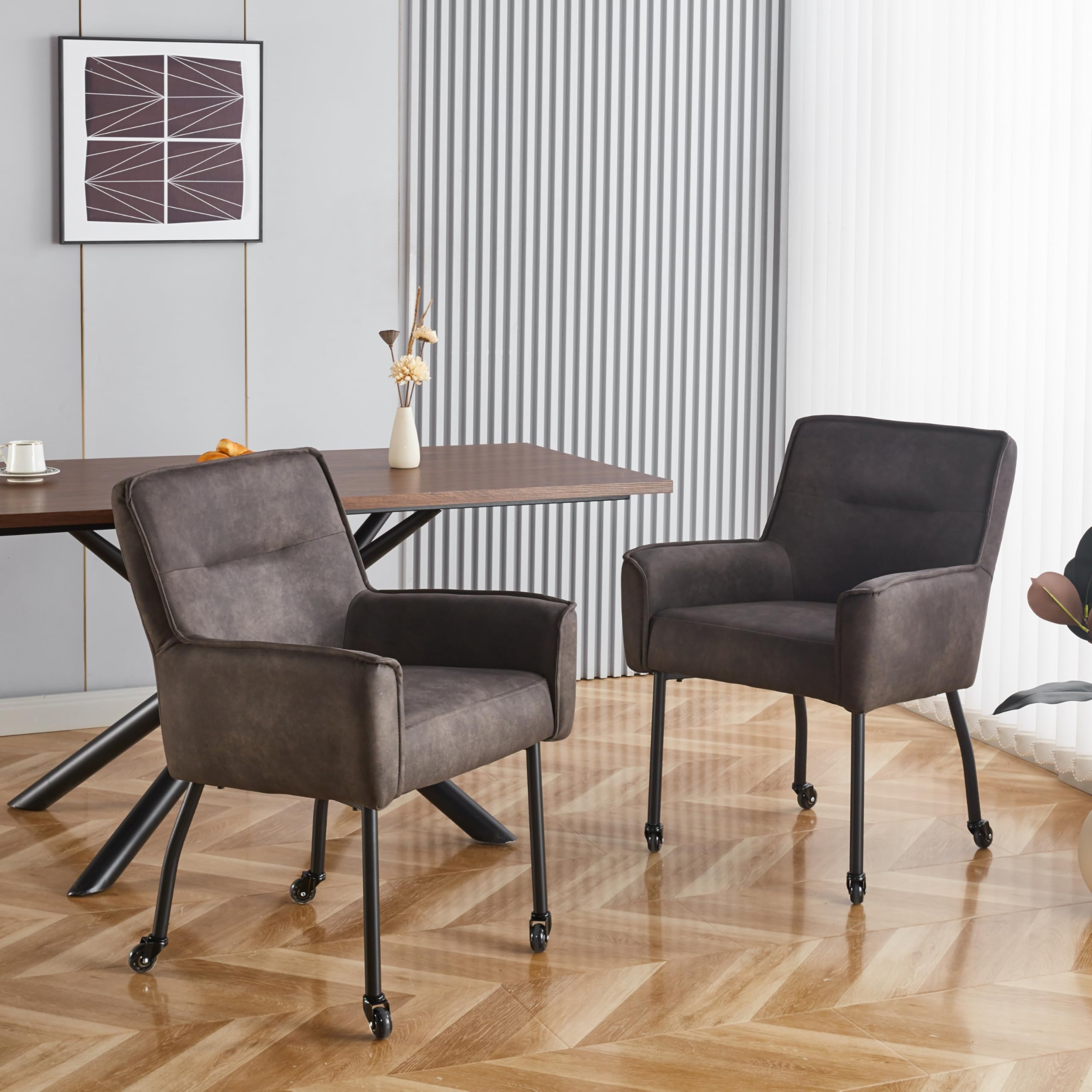 stone princess Dining Chairs with Casters Set of 2, Accent Living Room Chair, Kitchen Chairs with High Back Suede Comfy Chairs with Wheels for Bedroom