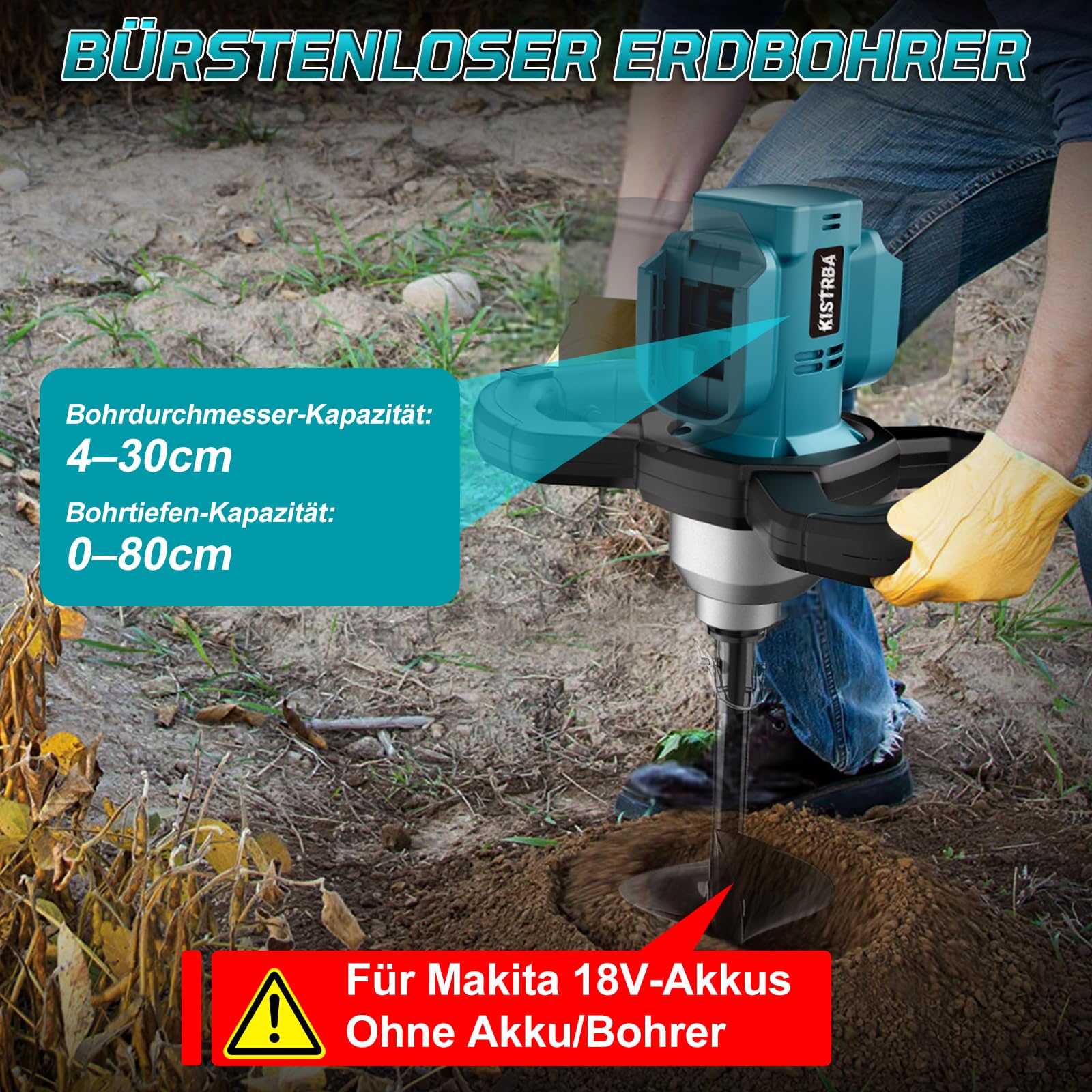 Akku Erdbohrer Eisbohrer für Makita 18V Akku, Ohne Akku, Ohne Bohrer | 1200W Bürstenloser Motor, Professional Erdlochbohrer für Gartenbau/Pfahlsetzung, Kompatibel mit Ø 4cm bis Ø 30cm Bohrer