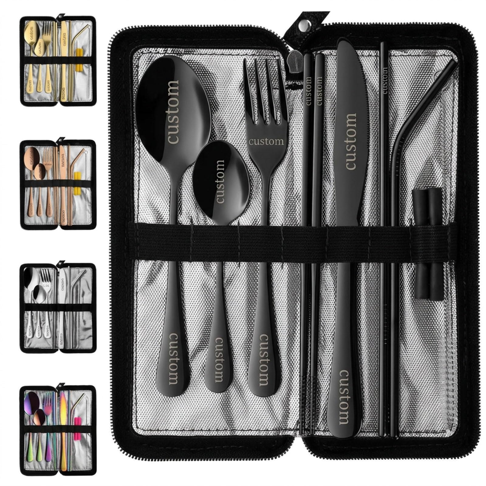 Personalised Engraved Cutlery Set | Custom Adult Cutlery Set | 9-Piece Stainless Steel Utensils | Knife, Fork, Spoons, Chopsticks & Straws | Portable Travel Case with Engraved Logo/Text (Black)