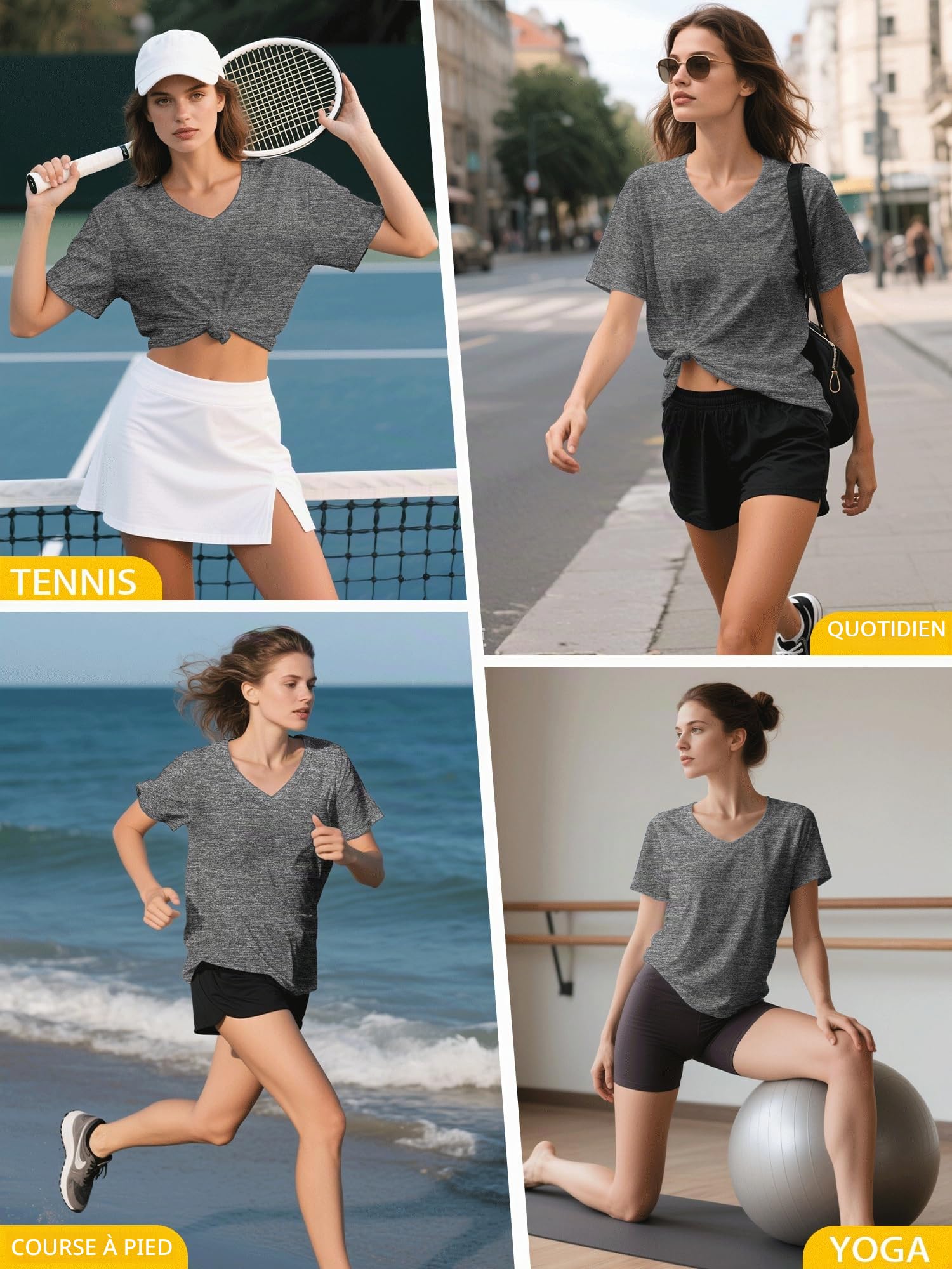 Tee Shirt de Sport Femme 3 ou 5 à Manches Courtes Séchage Rapide pour Fitness Yoga Col V Rapide T-Shirts Tops Pilates