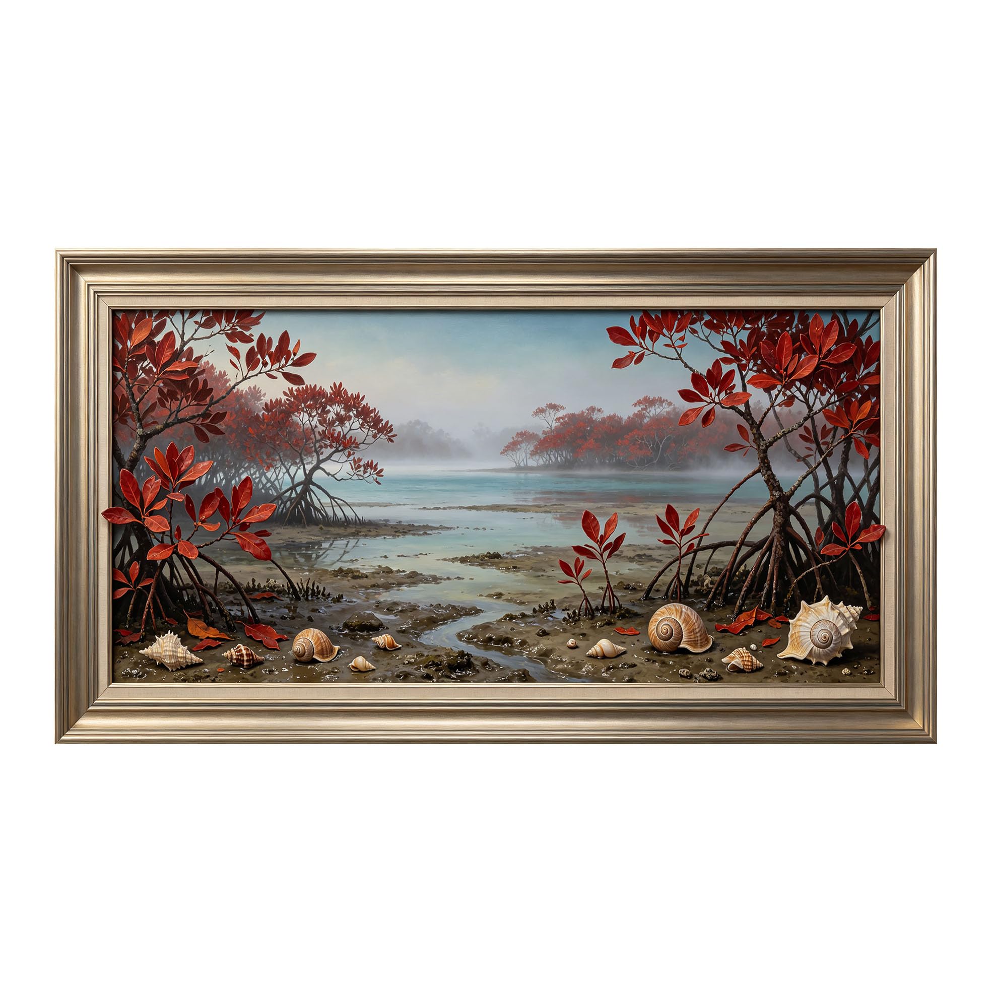Yzpallescene 3D Framed Wall Art 50cm×100cm Coastal Mangrove Seascape Oil Painting Large Size SelfAdhesive Removable Wall Decor Prints Artwork for Living Room Bedroom Office
