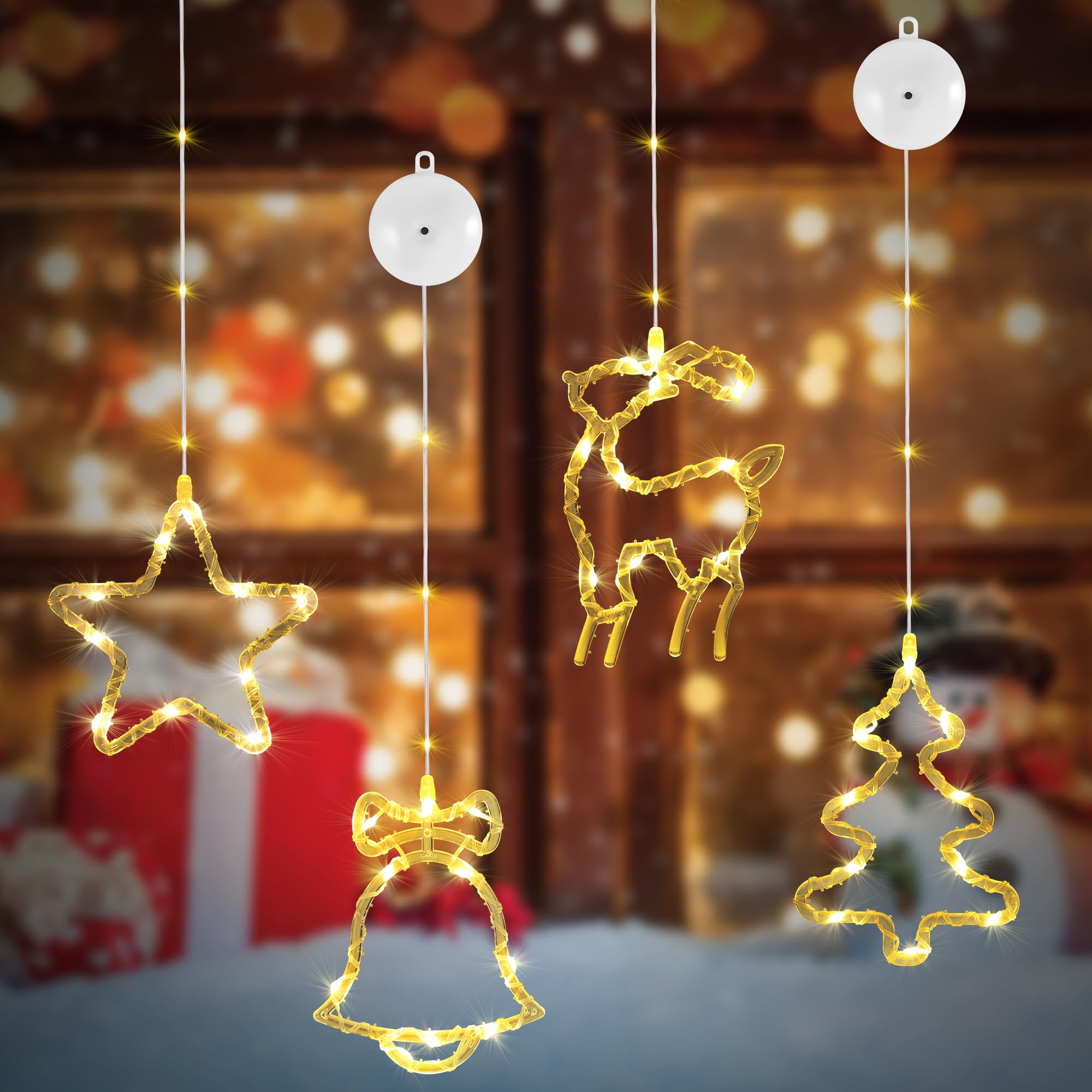 DazSpirit 4 Luces Ventana Navidad, 13 Leds Luces de Navidad con 8 Modos y Temporizador Automático, LED Luces de Ventana, Cortina Led Pilas Navidad para Ventanas, Puertas y Fiesta (Blanco Cálido)